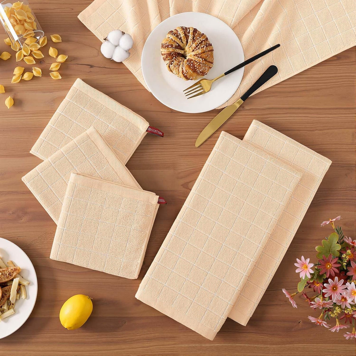 Homaxy Kitchen Towels and Dishcloths Set, Set of 16, Apricot | Bulk Cotton Terry Kitchen Towels, Checkered Designed