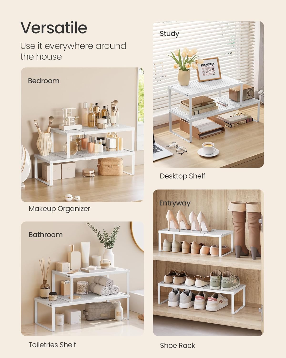 SONGMICS Spice Rack, Expandable Kitchen Countertop Shelf, Steel | Set of 4 small cupboard organizers, space-saving