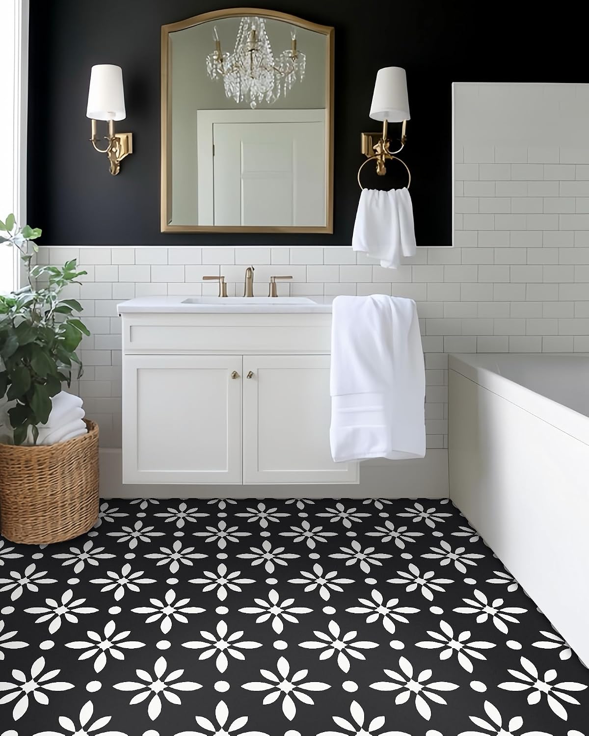 MORCART Peel and Stick Floor Tile / 7.87 x 7.87 / White Flowers+black Ft-1625 / Set of 20
