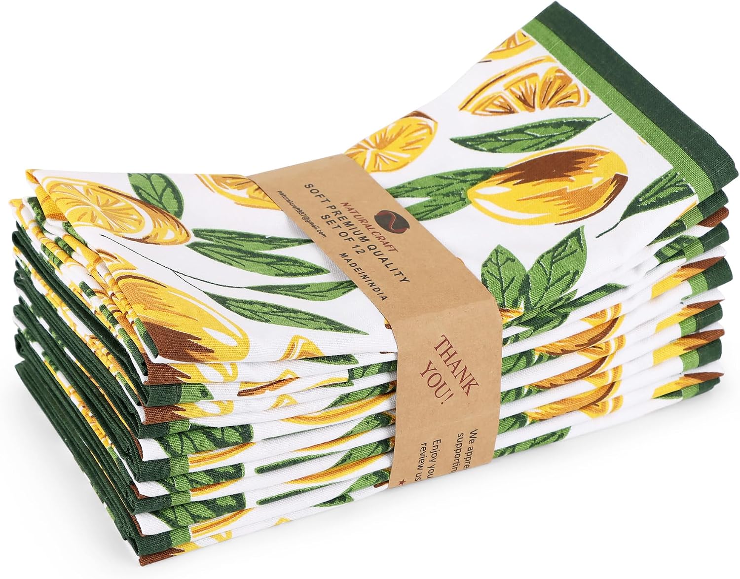NATURALCRAFT Cloth Napkins Set of 12 Cotton Linen20x20 inch Cut Lemon Print | Washable Reusable Fabric Soft Durable