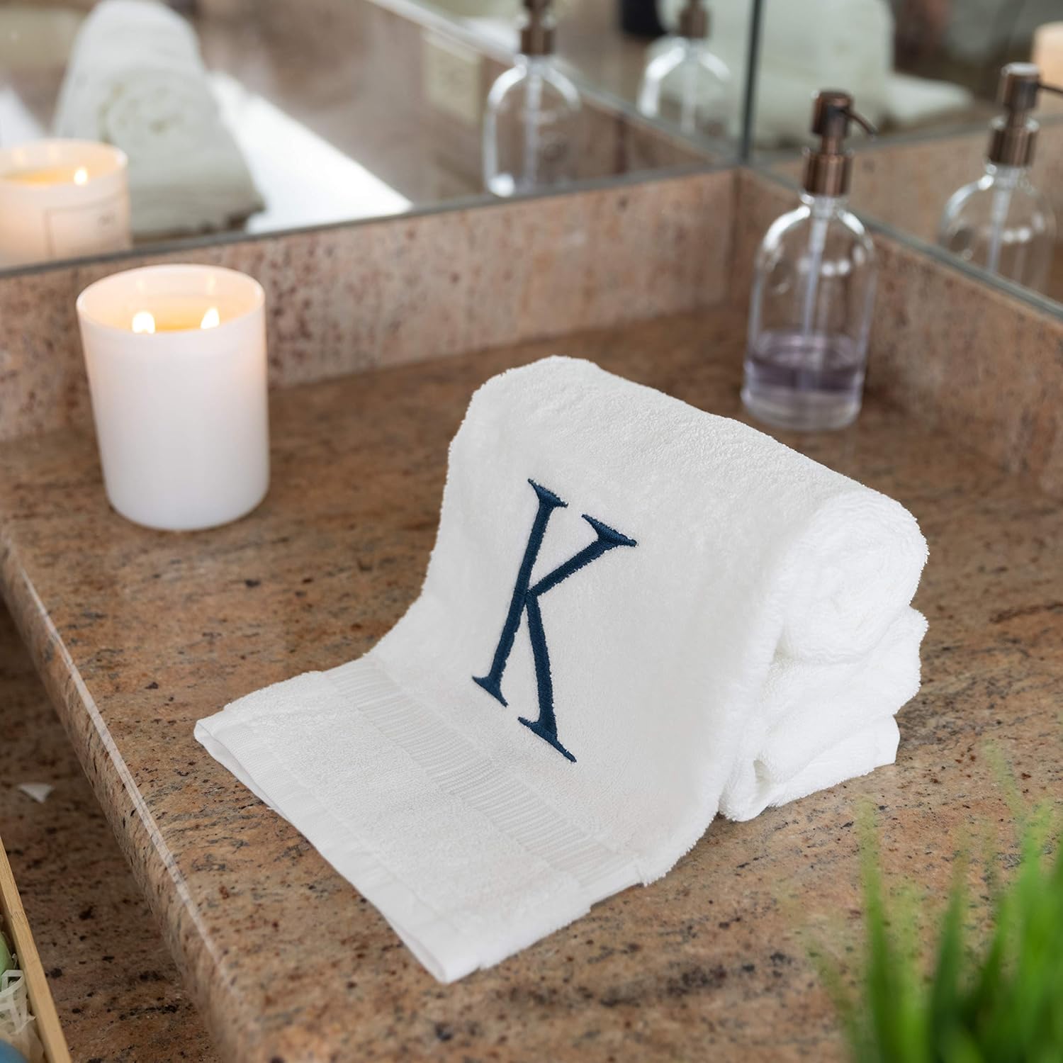 White with Navy Monogrammed Hand Towels for Bathroom - Set of 2 Letter K | Luxury Hotel Quality Initial Towels For