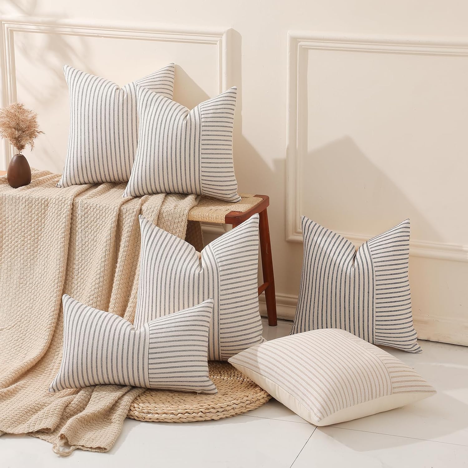 Beige Patchwork Farmhouse Throw Pillows Covers / Black / 18 x 18 / Set of 2