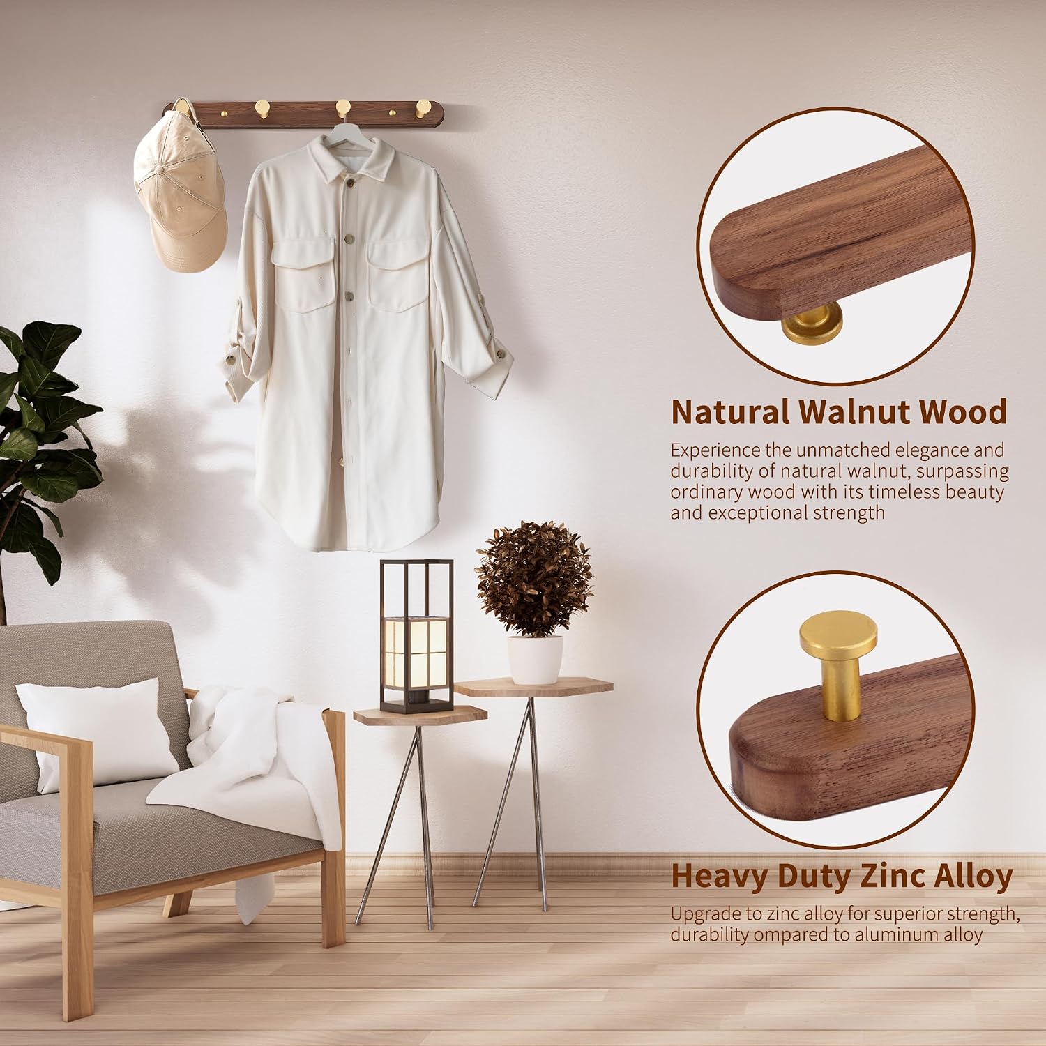 Wall Mounted Coat Rack, Metal Wood with 4 Hooks | Entryway Hanging, Walnut Gold Matt, For Coat, Scarf, Bag, Towel, Key