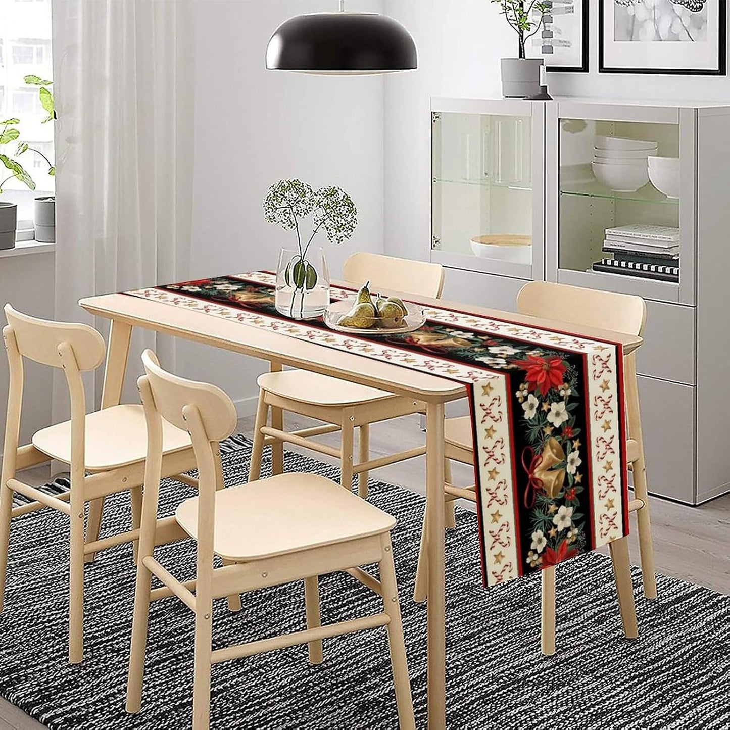 Christmas Linen Table Runner, Red and Black Buffalo Plaid Winter Xmas Holiday Farmhouse Style Patterns Printed Linen