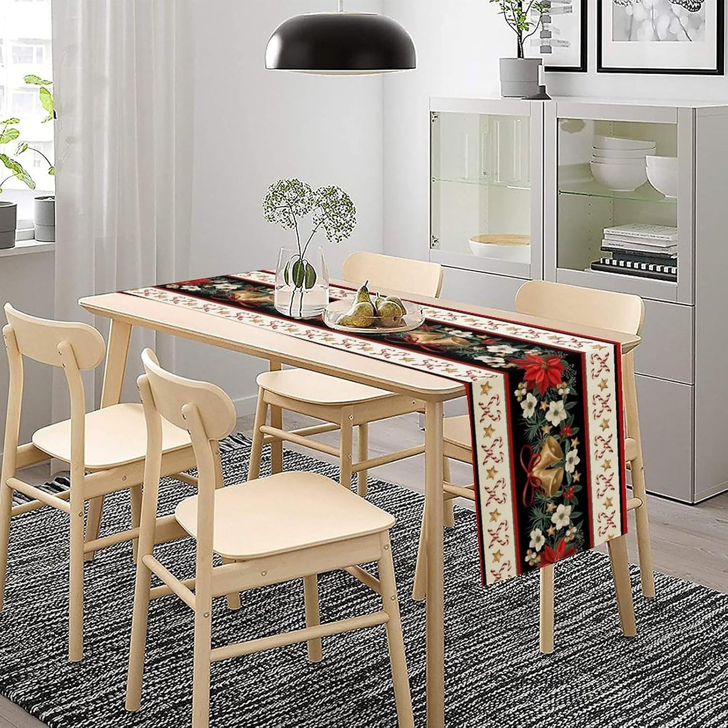 Christmas Linen Table Runner, Red and Black Buffalo Plaid Winter Xmas Holiday Farmhouse Style Patterns Printed Linen