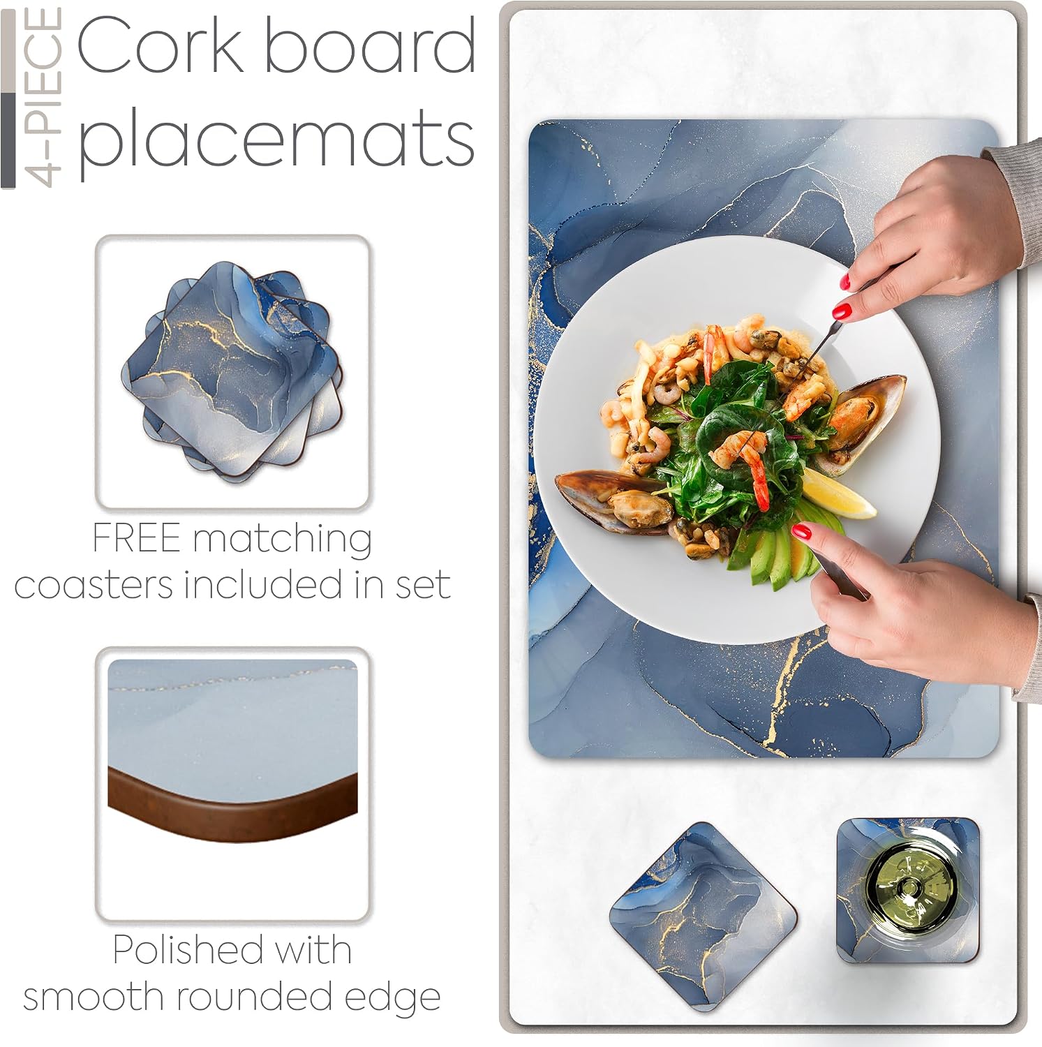Heat Resistant Cork Placemats for Dining Table / Blue & Gold / Set of 4
