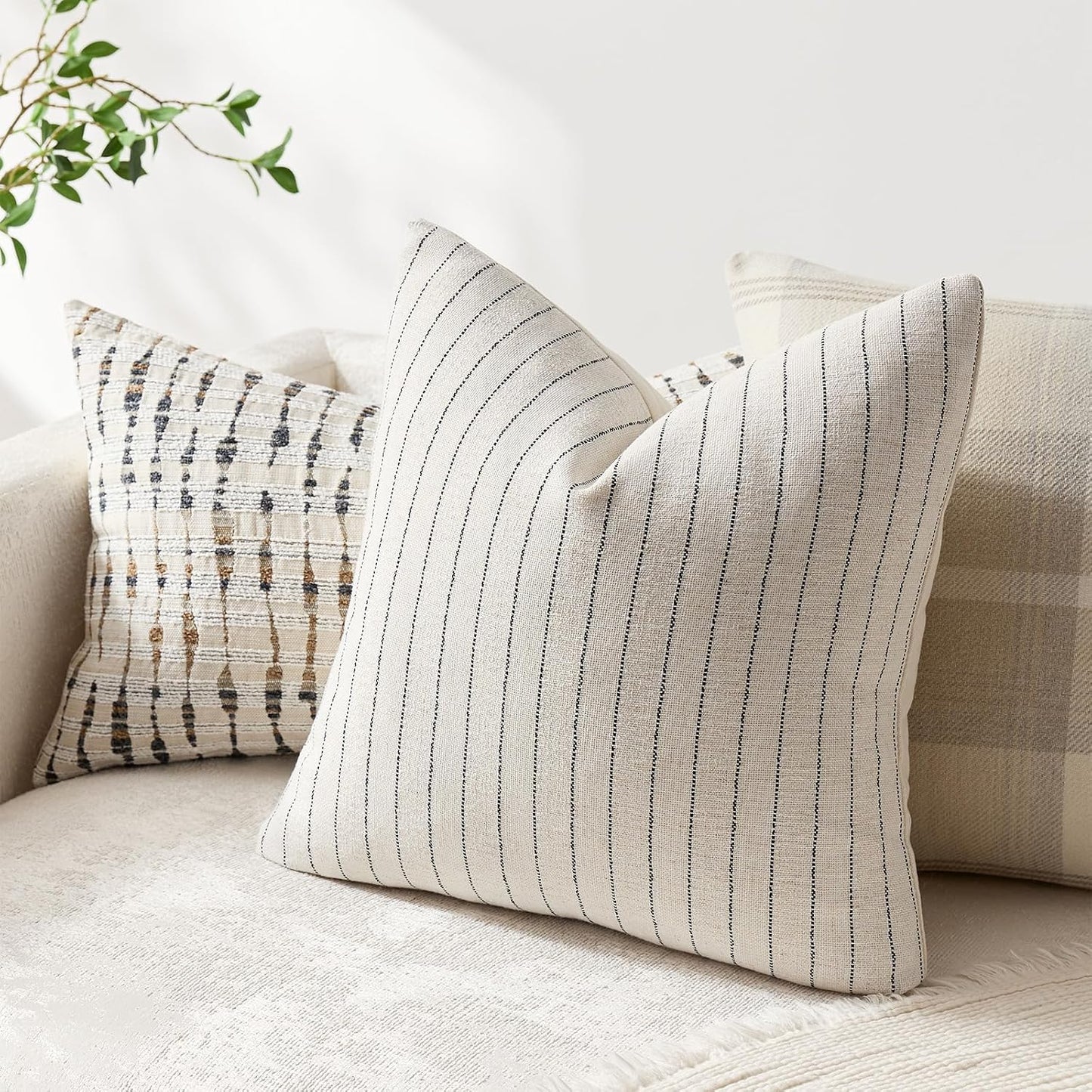 Linen Striped Throw Pillow Covers Neutral Couch Pillow Cases Farmhouse / Black / 18 x 18 / Set of 2