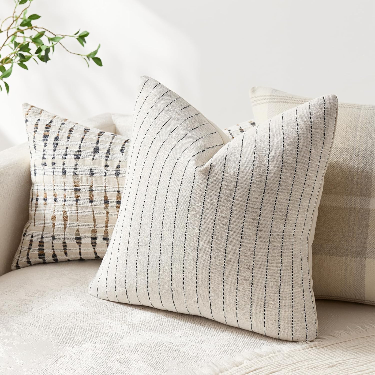Linen Striped Throw Pillow Covers Neutral Couch Pillow Cases Farmhouse / Black / 18 x 18 / Set of 2