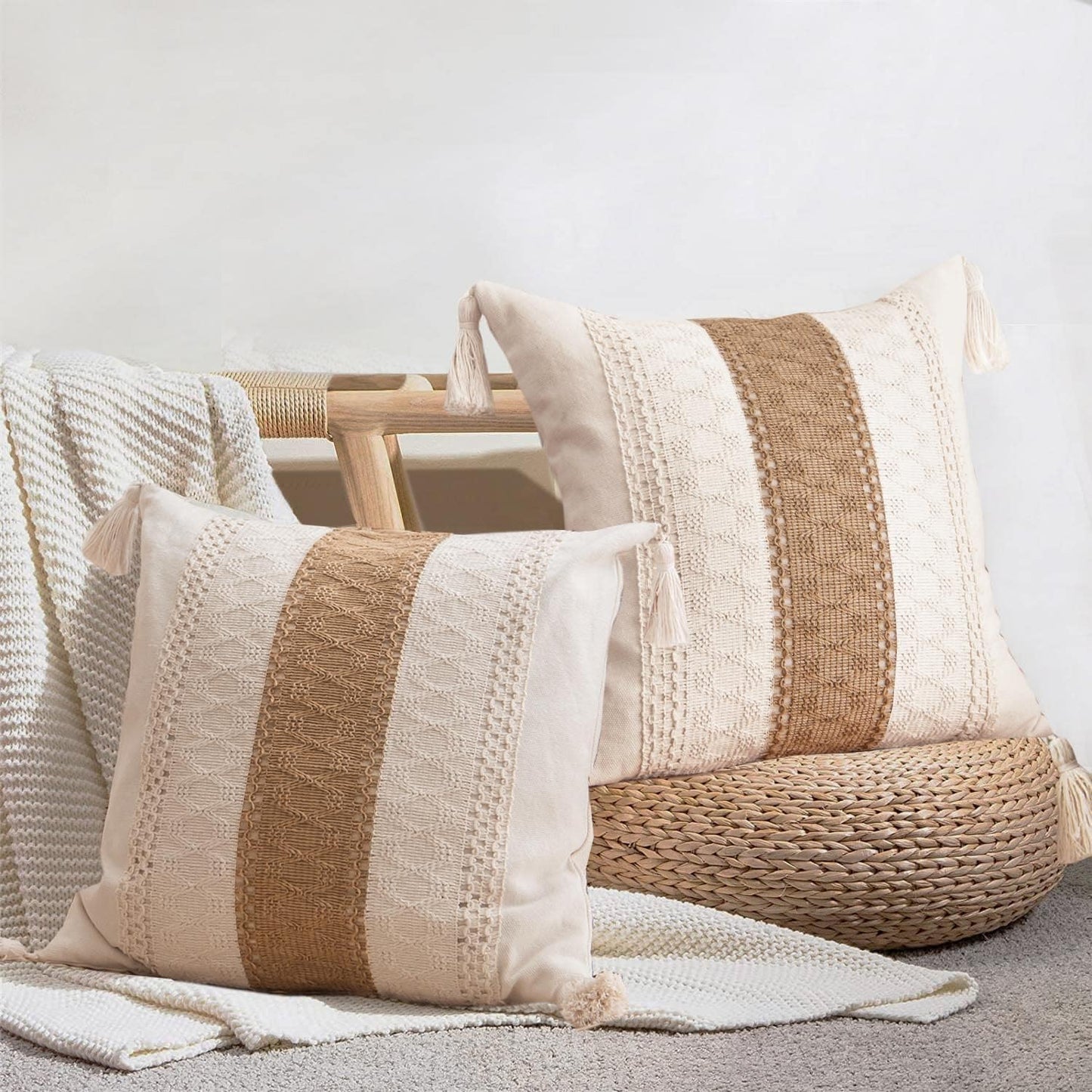 Decorative Boho Neutral Pillow / 18 x 18 / Single Stripe / Set of 2