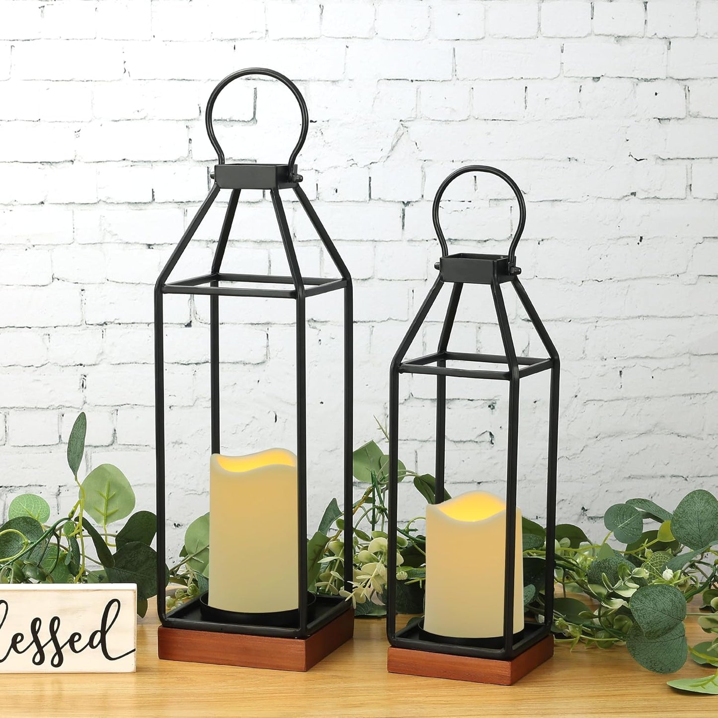 Perfnique Metal Lanterns w/ Pine Wood, Set of 2 Farmhouse Lantern Decorative w/ Waterproof Flameless Candle & Remote