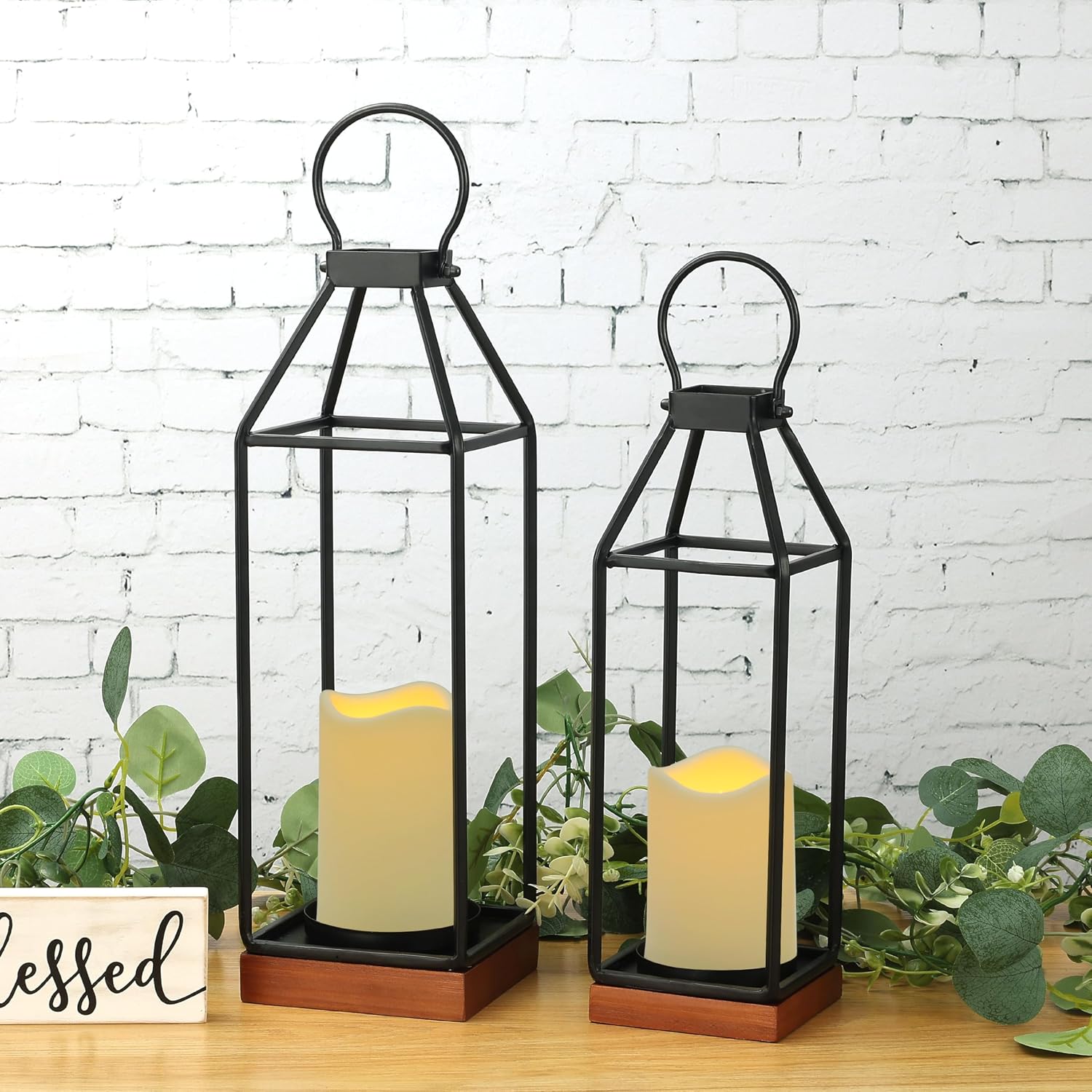 Perfnique Metal Lanterns w/ Pine Wood, Set of 2 Farmhouse Lantern Decorative w/ Waterproof Flameless Candle & Remote