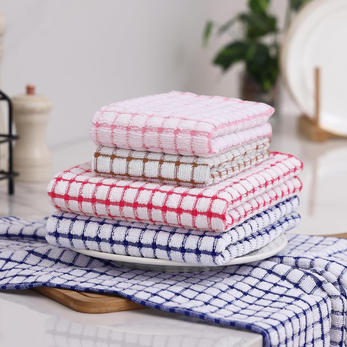 Homaxy Kitchen Towels and Dishcloths Set, Set of 16, Blue/Pink/Red/Brown | Cotton Terry Kitchen Dish Towels, Super Soft