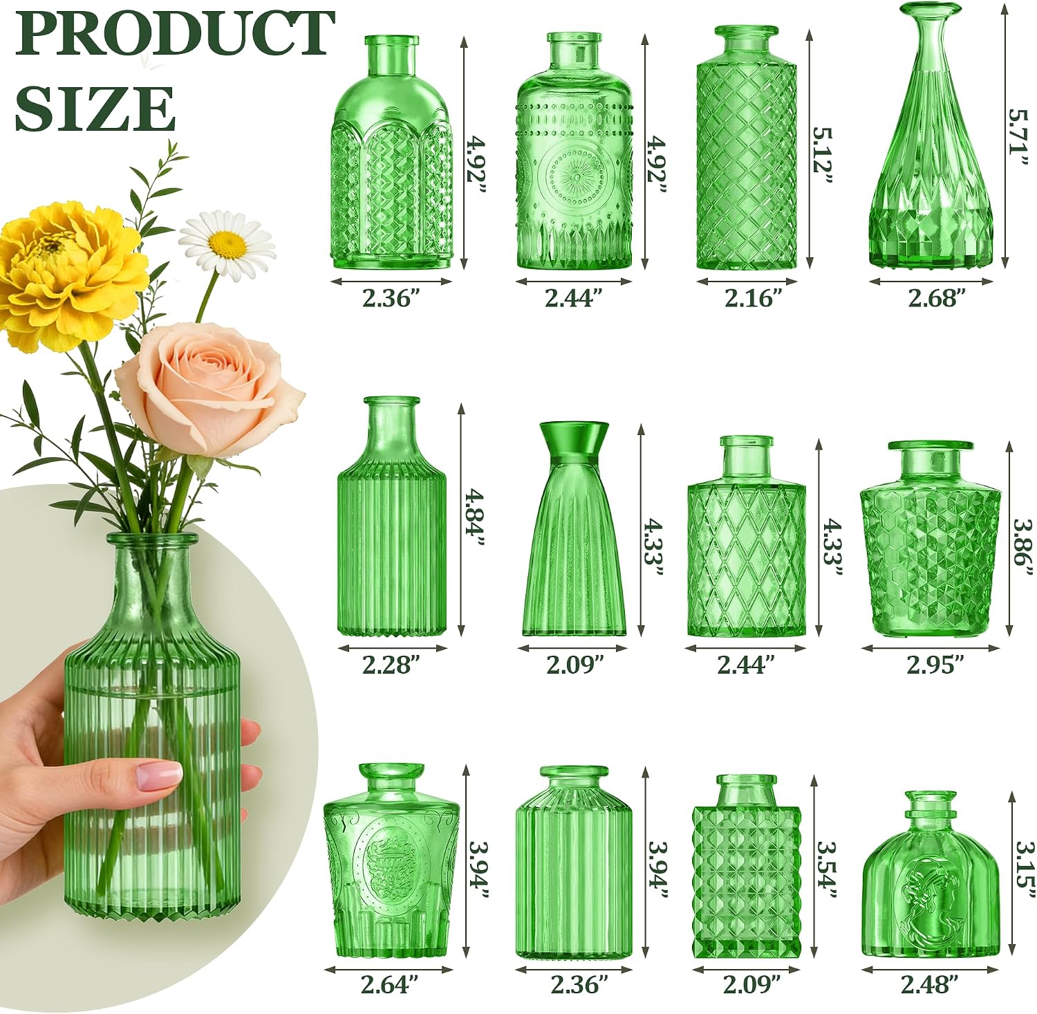 Armber Small Vintage Glass Clear Bud Flower Vases Bulk Multiple Shape Mini Glass / Green / Set of 12