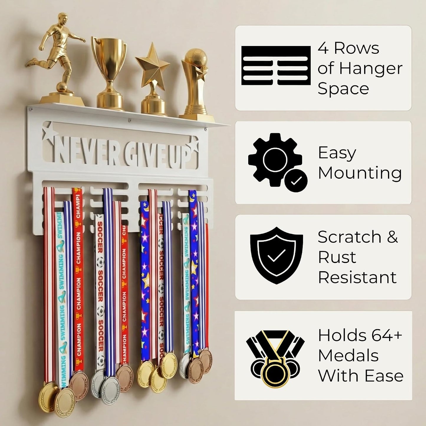 AGATHOS HOME Medal Hanger Display with Trophy Shelf - Metal Awards Rack for Walls Holds 64+ Sports Medals- Our Never