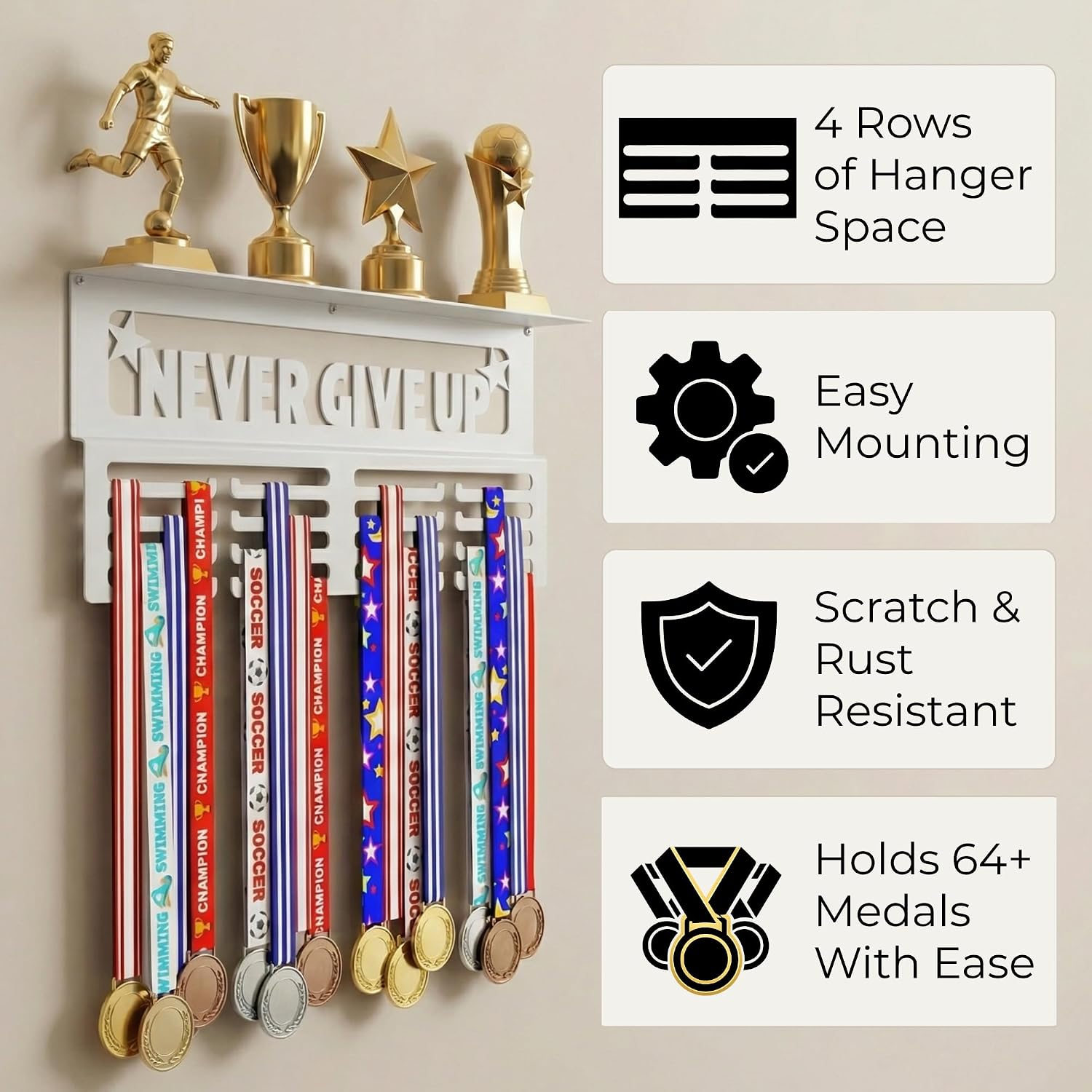 AGATHOS HOME Medal Hanger Display with Trophy Shelf - Metal Awards Rack for Walls Holds 64+ Sports Medals- Our Never
