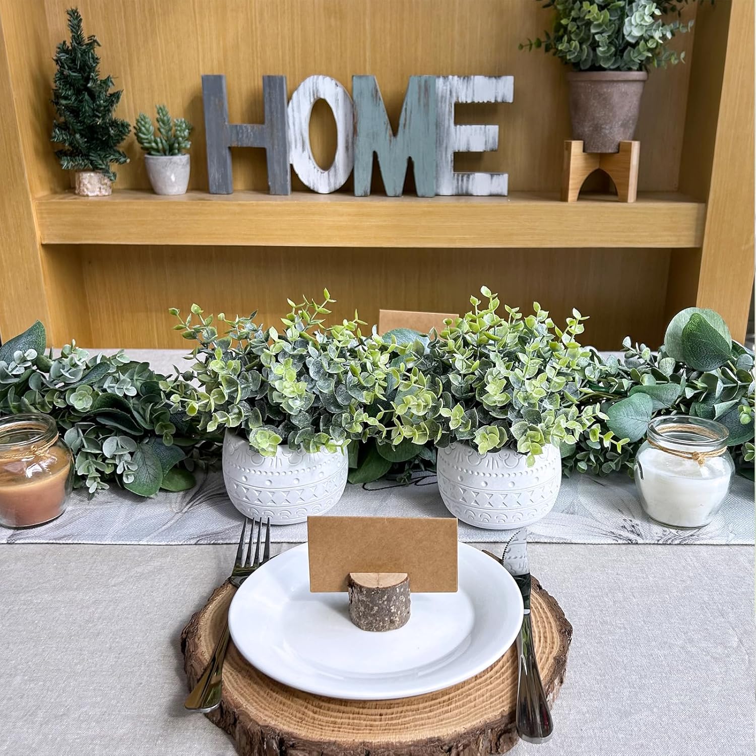 Small Artificial Potted Plants Faux Eucalyptus Plant in White Geometric / White Pot / Set of 2
