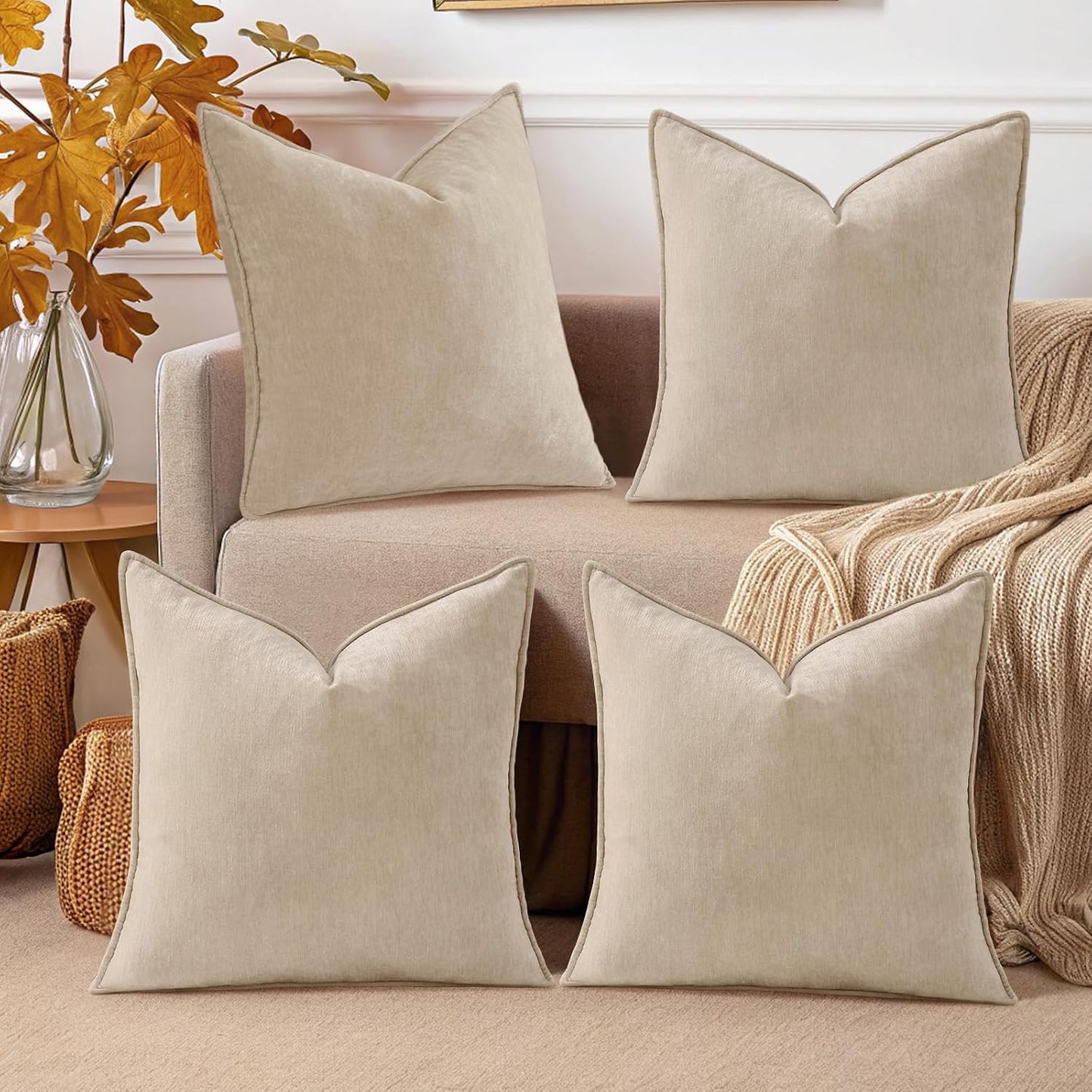 Decorative Soft Neutral Chenille Pillow Covers / Natural Beige / 18 x 18 / Set of 4