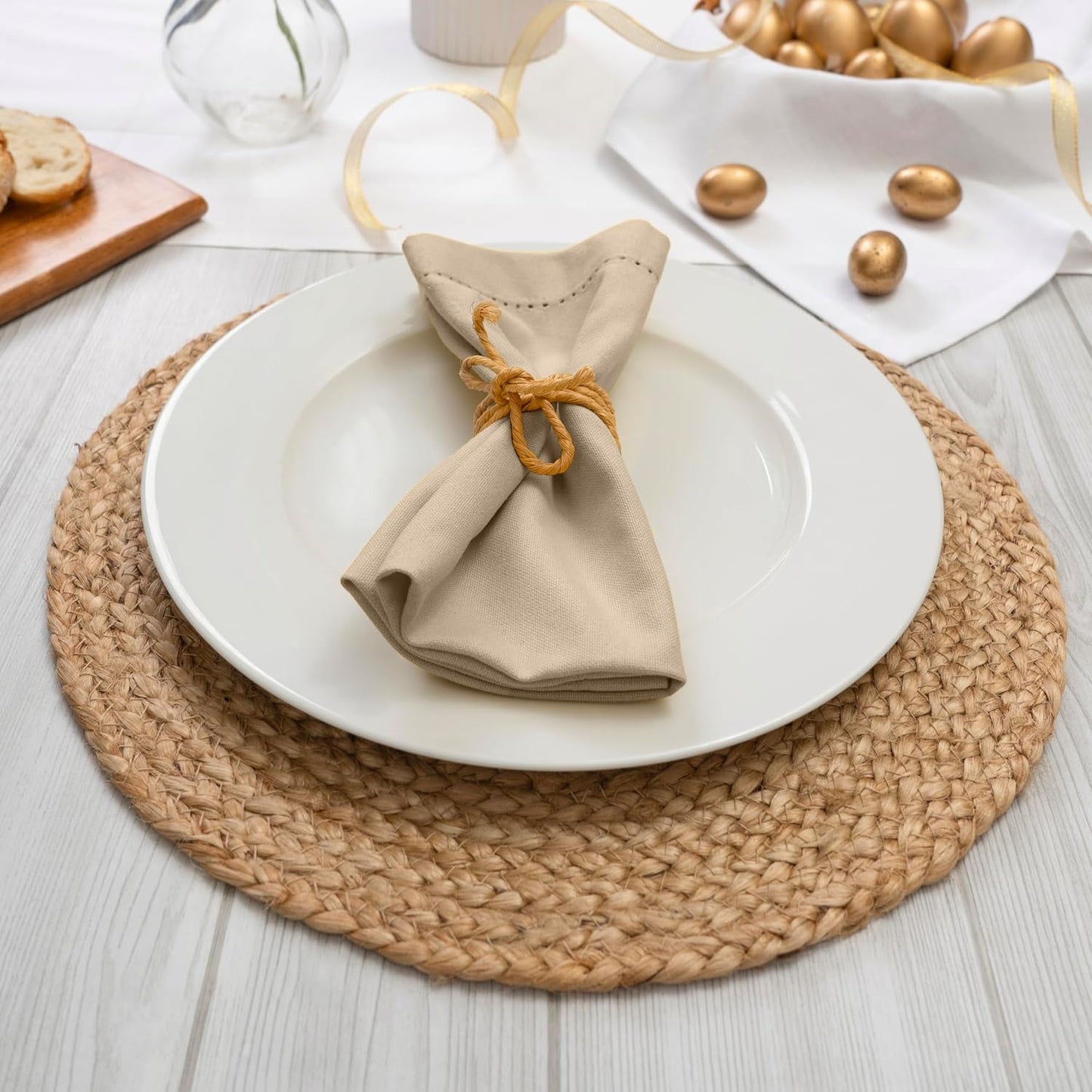 Blue Needles Set of 12 Hemstitch Linen Napkins 100% Cotton Beige Cloth Dinner Napkins 18x18 inches - Spring Summer