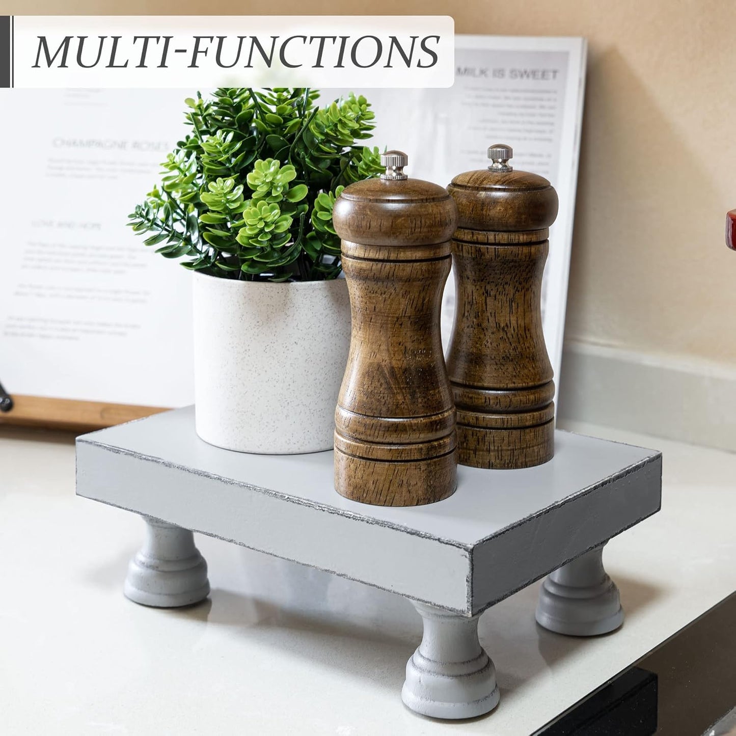 EOSAHR Wood Riser & Display Stand for Farmhouse Kitchen Storage, Gray | 8.5" Riser Stand, Kitchen Counter Accent, Soap