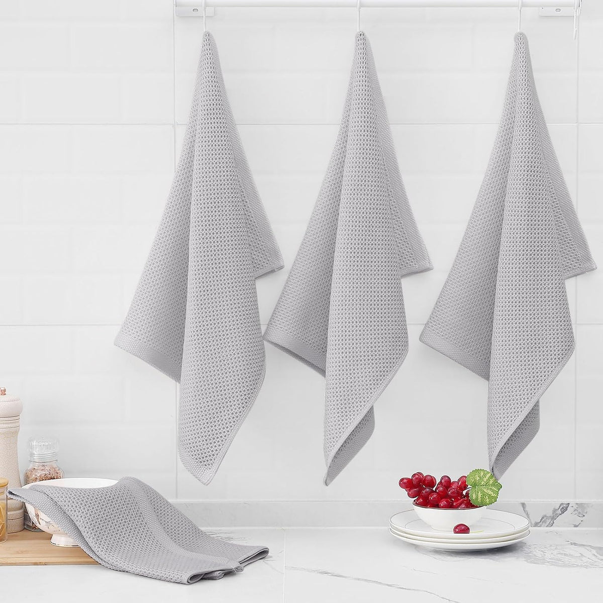 Homaxy 100% Cotton Oversized Waffle Weave Kitchen Towels 4-Pack, Light Gray | 20 x 28 Inches, Ultra Soft Absorbent Dish
