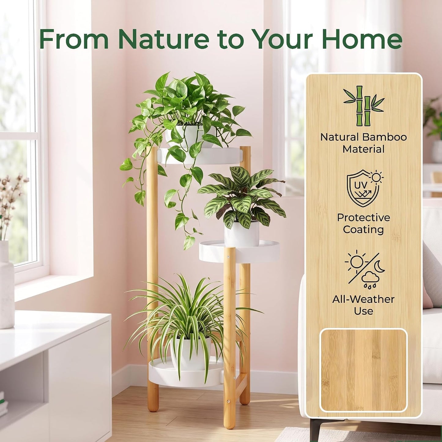 APRTAT 3-Tier Tall Bamboo Plant Stand for Indoor Plants | Natural Bamboo Waterproof Coating Enhanced Stability Easy