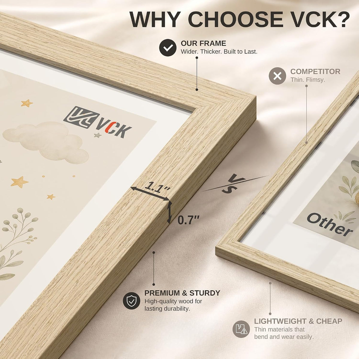 VCK 18x24 Poster Frames Set of 3, Natural Oak Woodgrain, Wall Hanging | Wide Border, Exclusive Woodgrain, Shatterproof
