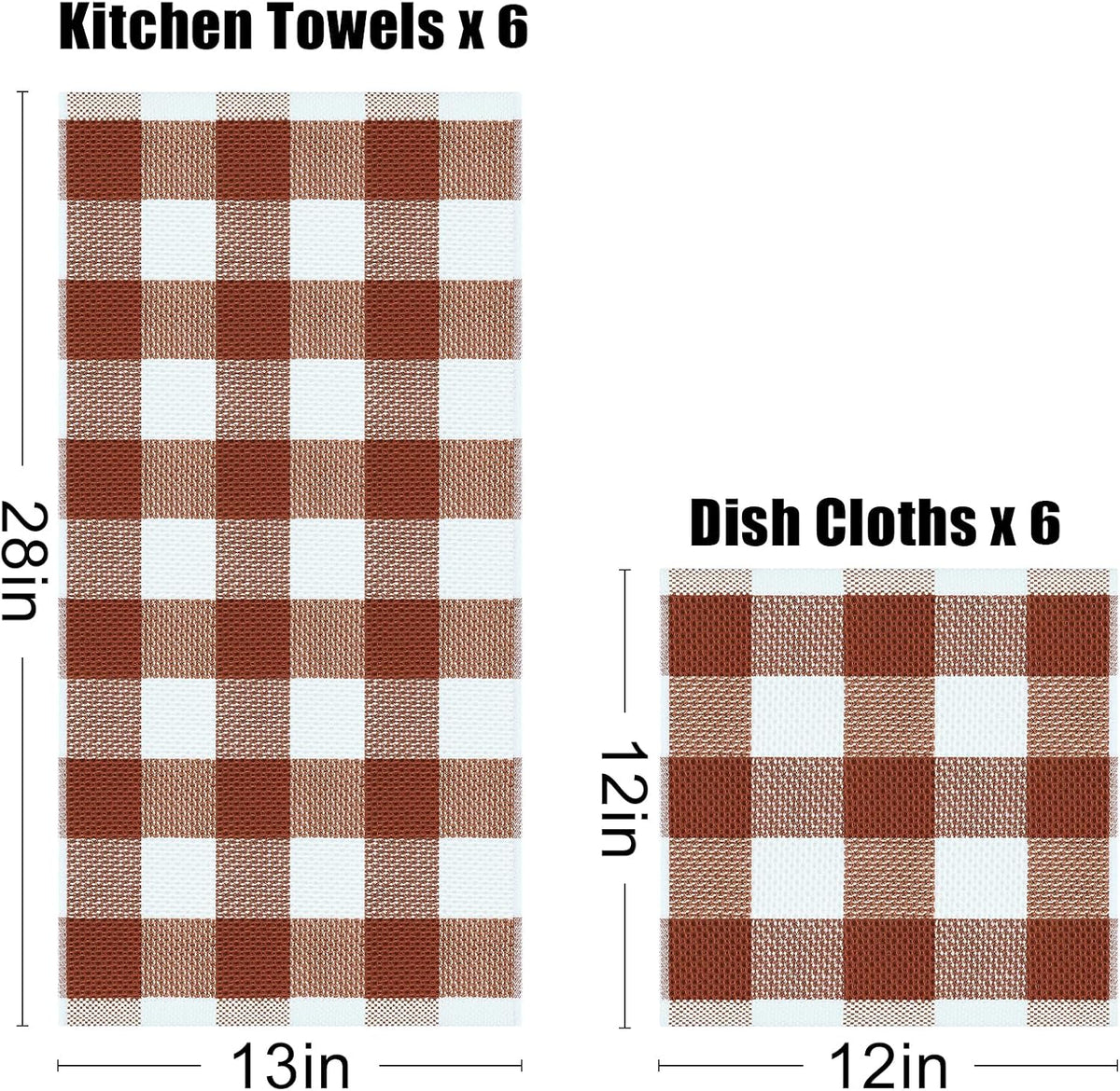 Homaxy Kitchen Towels and Dishcloths Set, Set of 12, White & Rust | Bulk Cotton Waffle Weave Check Plaid Kitchen