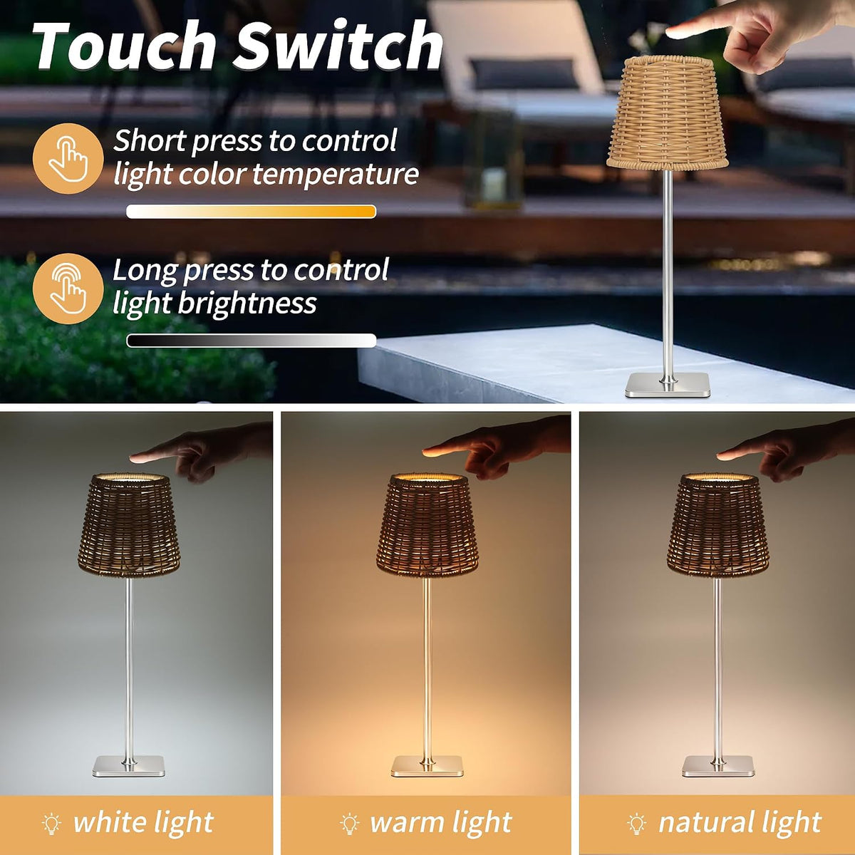 Mr. White Outdoor Waterproof Cordless Wireless Rechargeable Portable Top Touch Battery Operated Powered LED Table Lamp