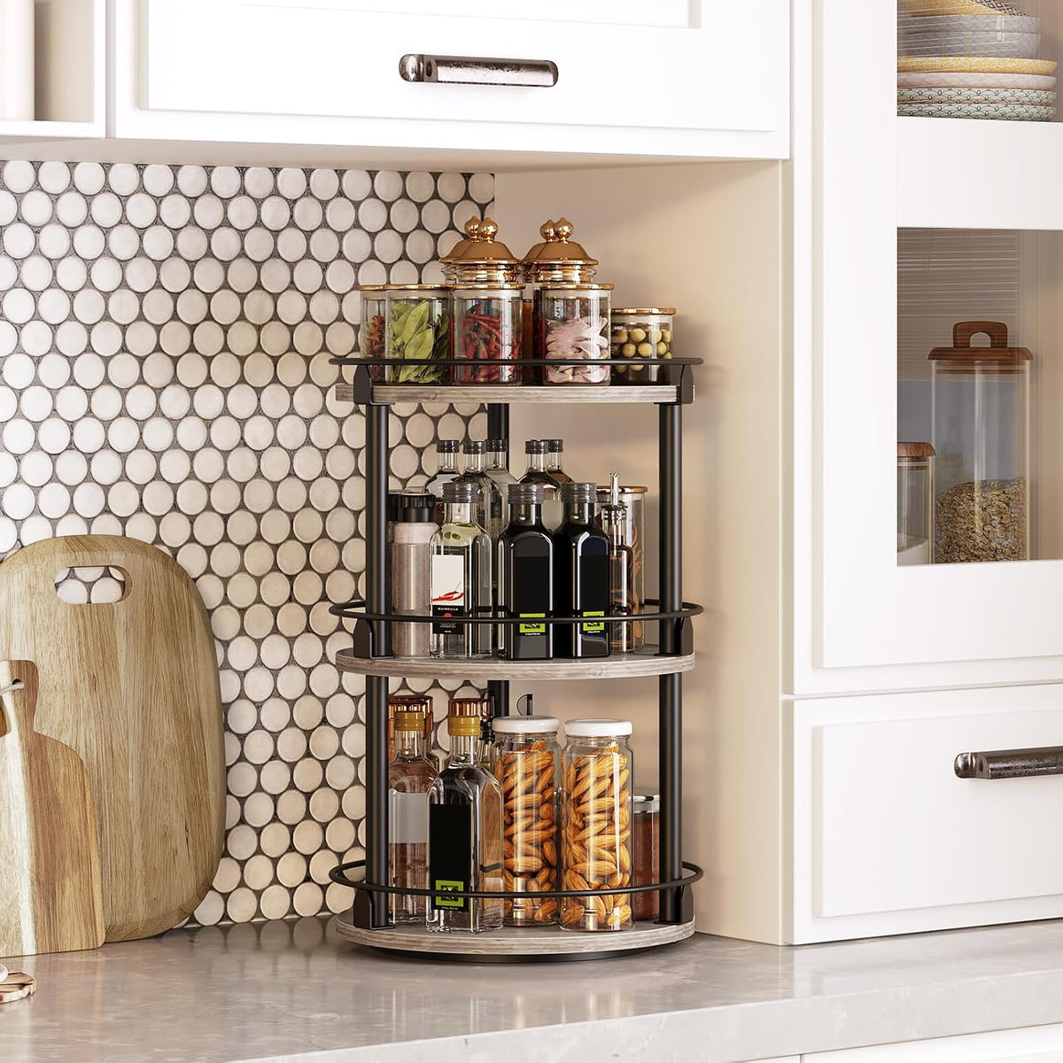 3-Tier Lazy Susan Organizer, Rotating Spice Rack, Spinning Organizer, Industrial Turntable Spice Rack Organizer for