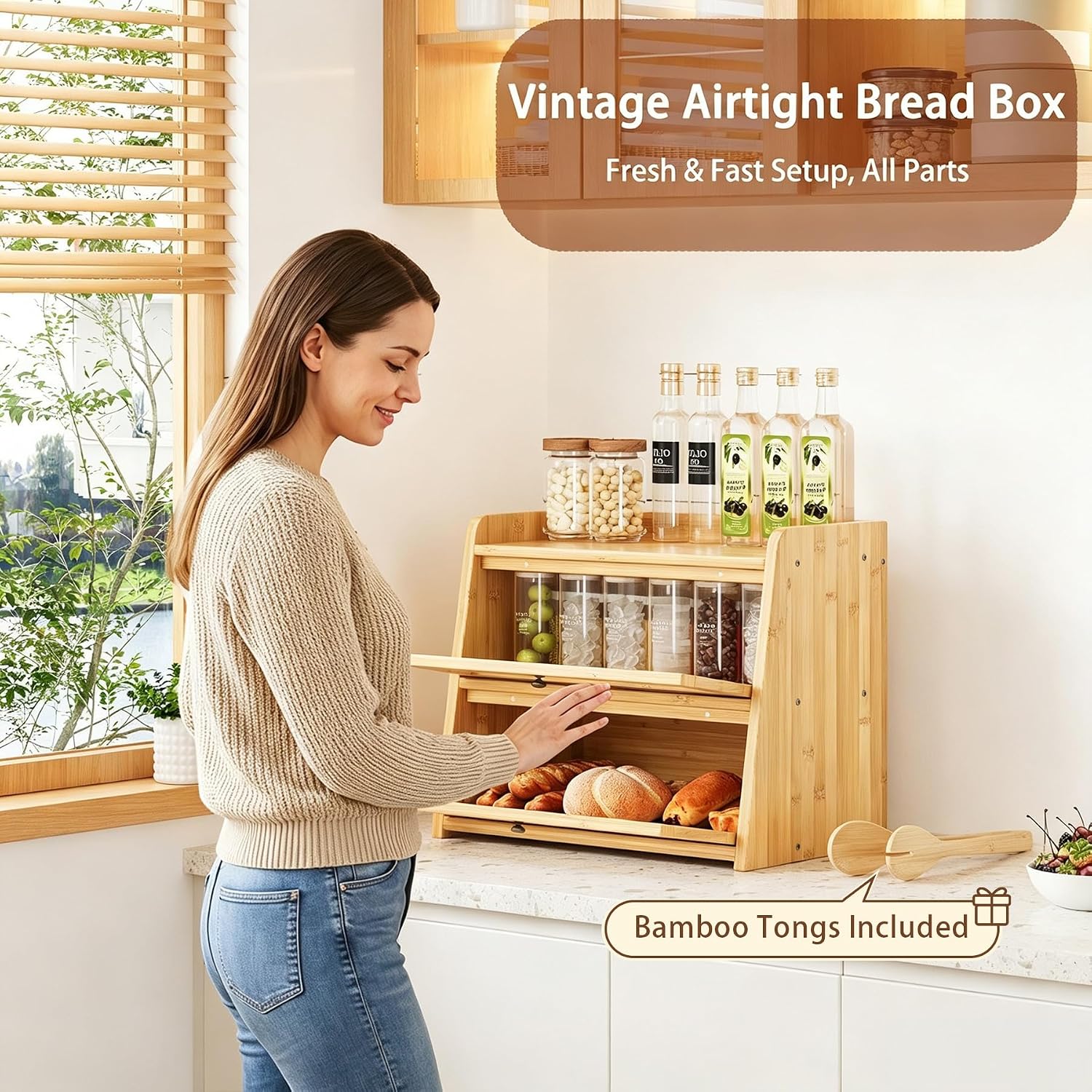Double Layer Bamboo Bread Box with Window for Countertop | Natural Bamboo, Corner Bread Box, Double Layer with Clear