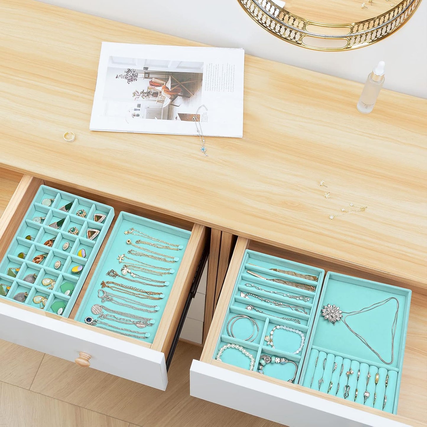 Stackable Jewelry Organizer Trays for Drawers / 4 Layers / Blue