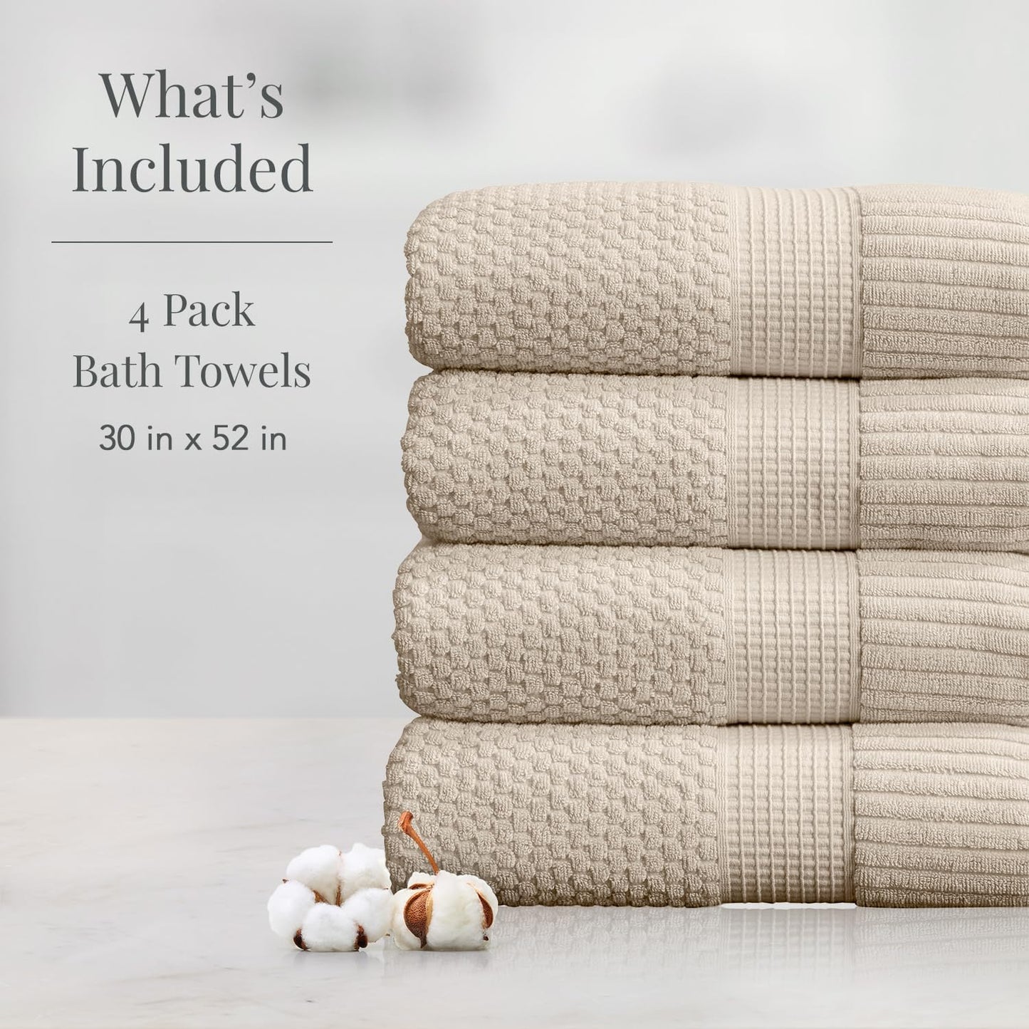 NY Loft 100% Cotton 4-Pack Bath Towel Set | Sand | Oeko-TEX | Quick-Dry | Four 30" x 52" Bath Towels | Super Absorbent