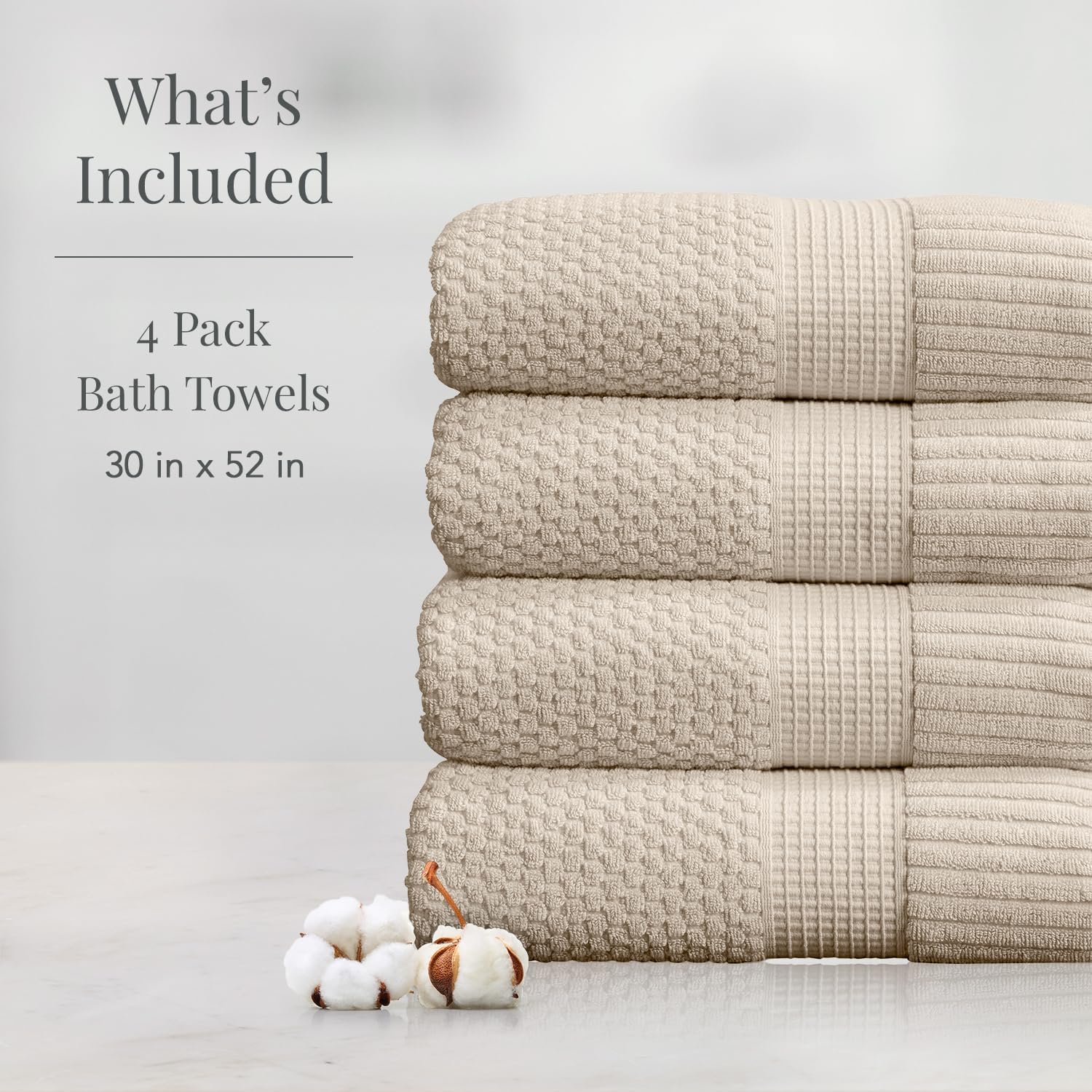 NY Loft 100% Cotton 4-Pack Bath Towel Set | Sand | Oeko-TEX | Quick-Dry | Four 30" x 52" Bath Towels | Super Absorbent