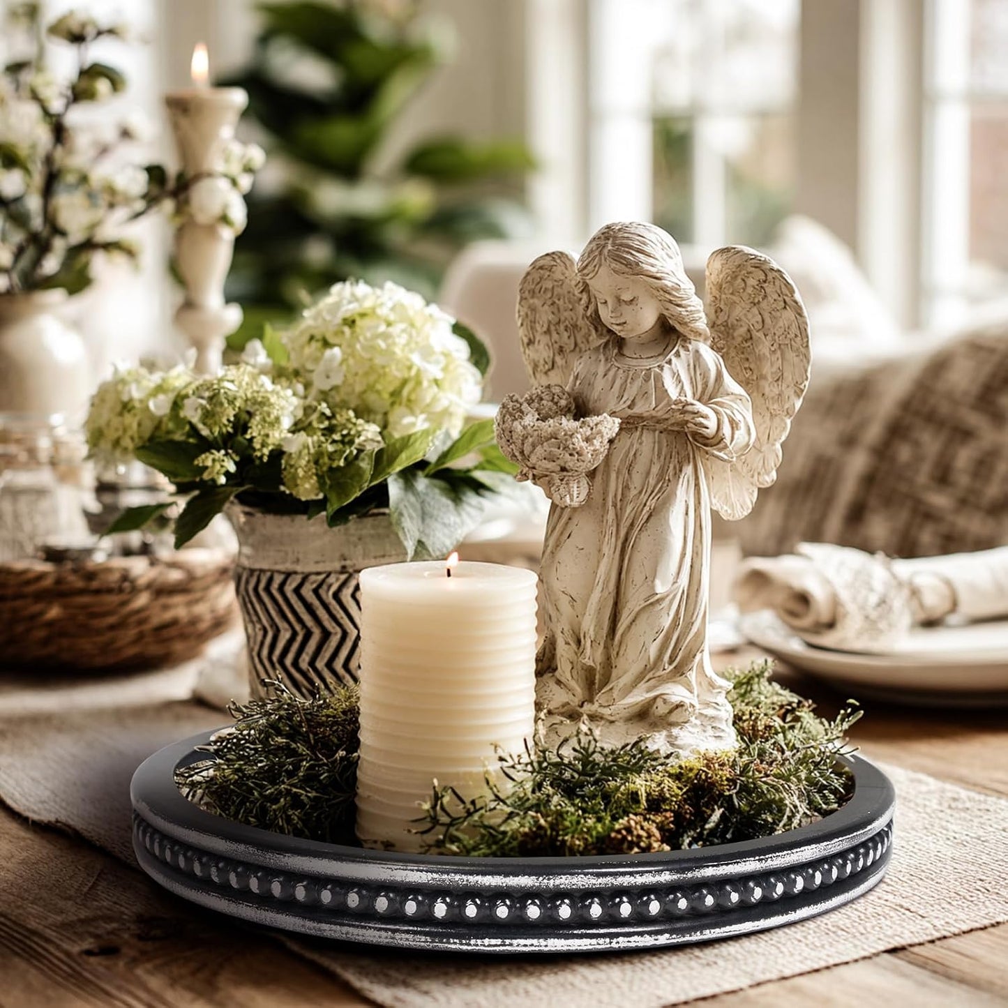 White Farmhouse Bead Round Trays / 11.8 / Washed Black-beaded