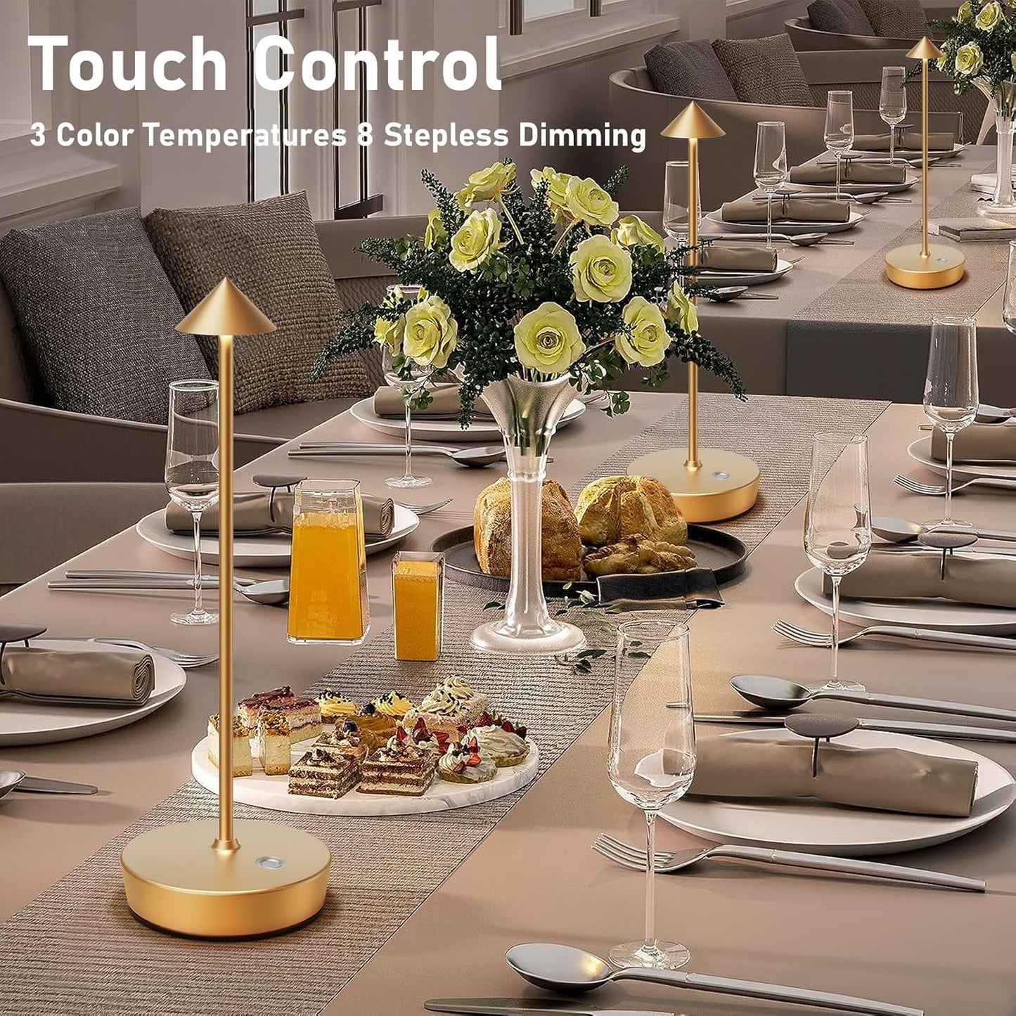 Set of 2 Cordless Rechargeable Led Table Lamp Battery Operated Light Gold | 6000mAh Desk Lamp Touch 3 Color Dimming