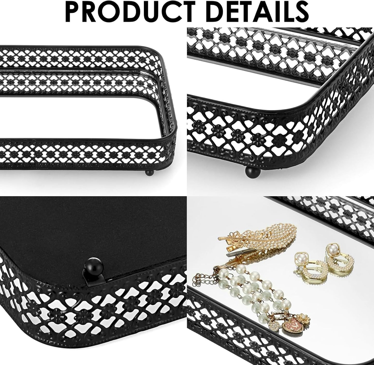 Glass & Metal Trinket Organizer for Dresser / Black / 11.8 x 7.9 x 2