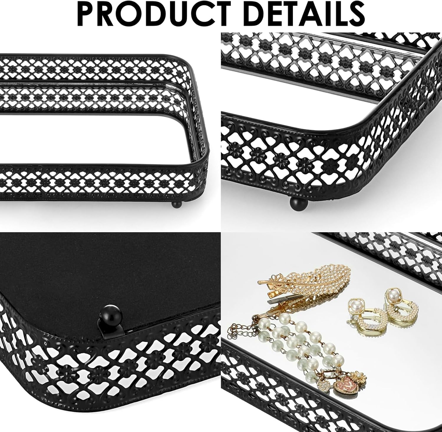 Glass & Metal Trinket Organizer for Dresser / Black / 11.8 x 7.9 x 2