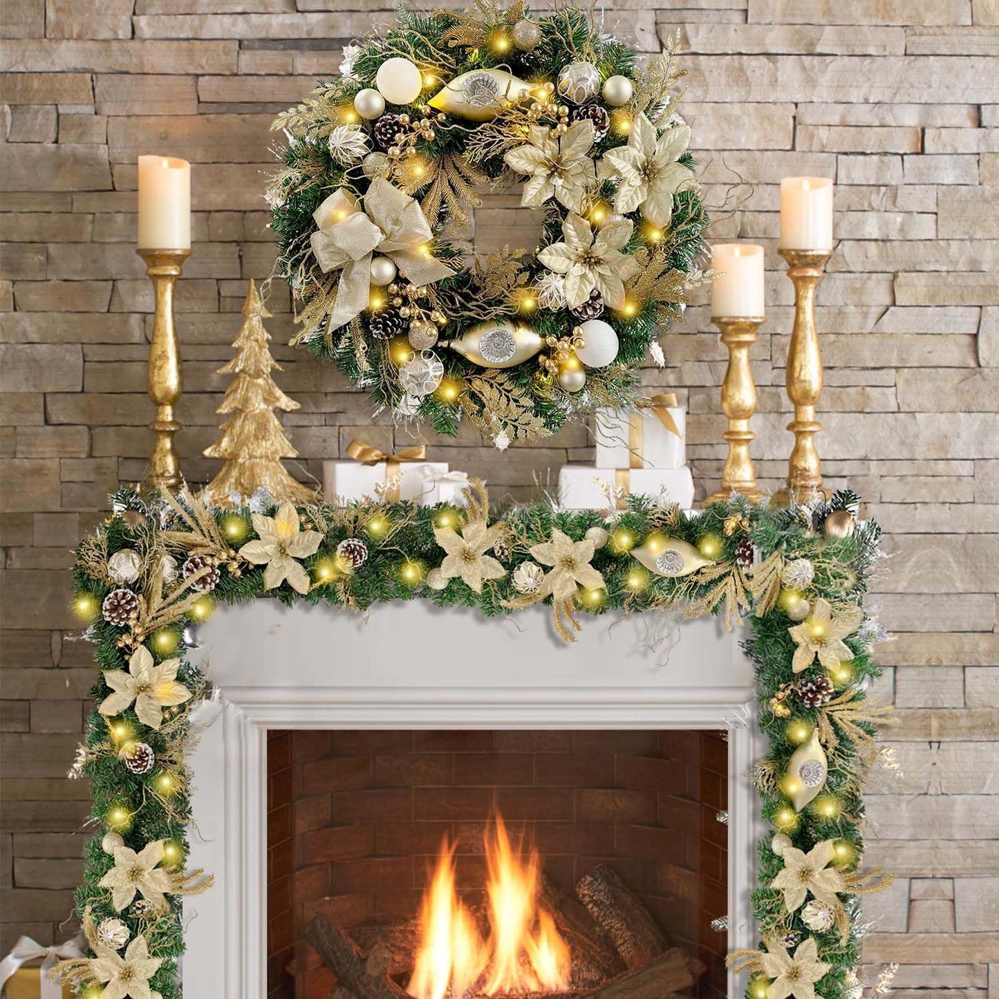WANNA-CUL Pre-Lit 6 Feet/72 Inch Christmas Garland for Front Door with Lights Champagne Gold Christmas Mantel Garland