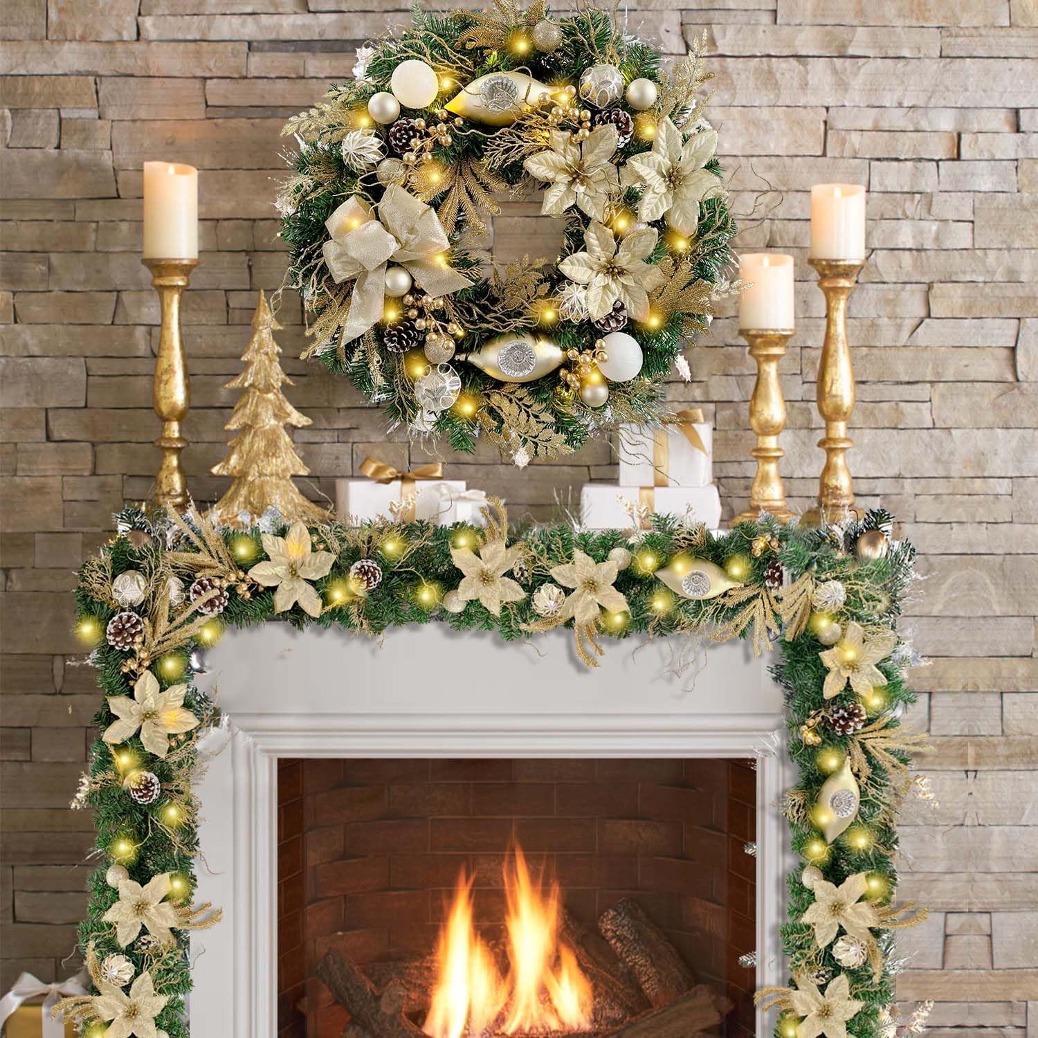 WANNA-CUL Pre-Lit 6 Feet/72 Inch Christmas Garland for Front Door with Lights Champagne Gold Christmas Mantel Garland