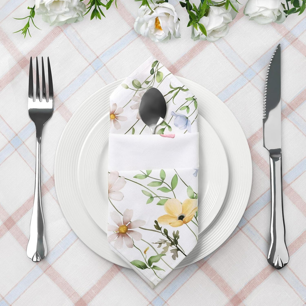 Floral Butterfly Cotton Cloth Napkins, 18×18 in, Set of 12 | Washable Soft Cotton Dinner Napkins with Flower and