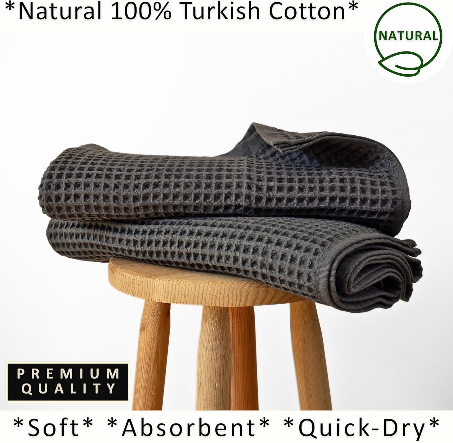 PÜSKÜL Natural 100% Turkish Cotton Waffle Bath Towels Set of 2, Extra-Large | Dark Gray, Oversize 32x63" Bath sheet