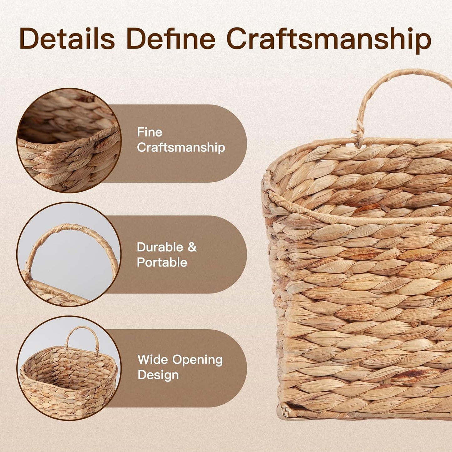 Wicker Hanging Wall Basket Woven Hanging Baskets Water Hyacinth Wall Mounted / Natural / Set of 2