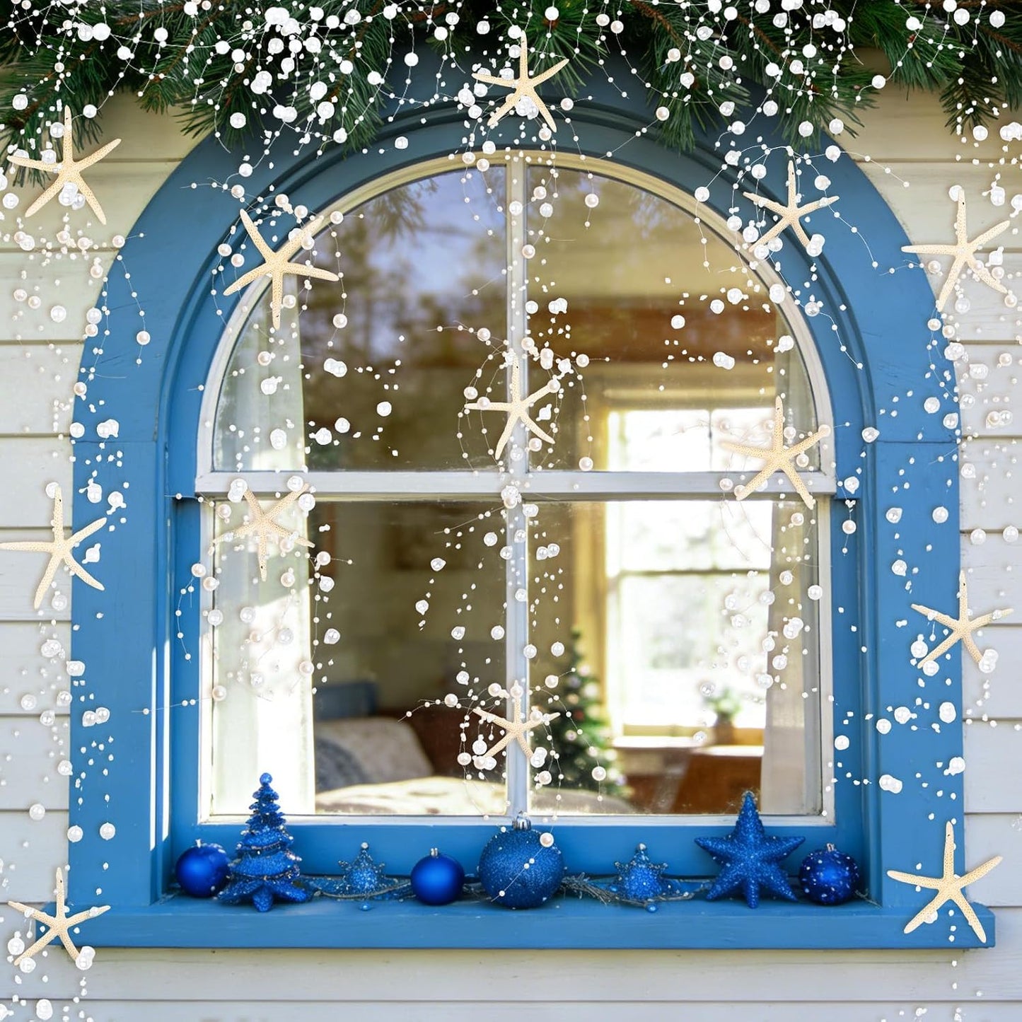Beach Beaded Starfish Garland Christmas Decorations 2M/ White / Off White / 80 Inch / Set of 6