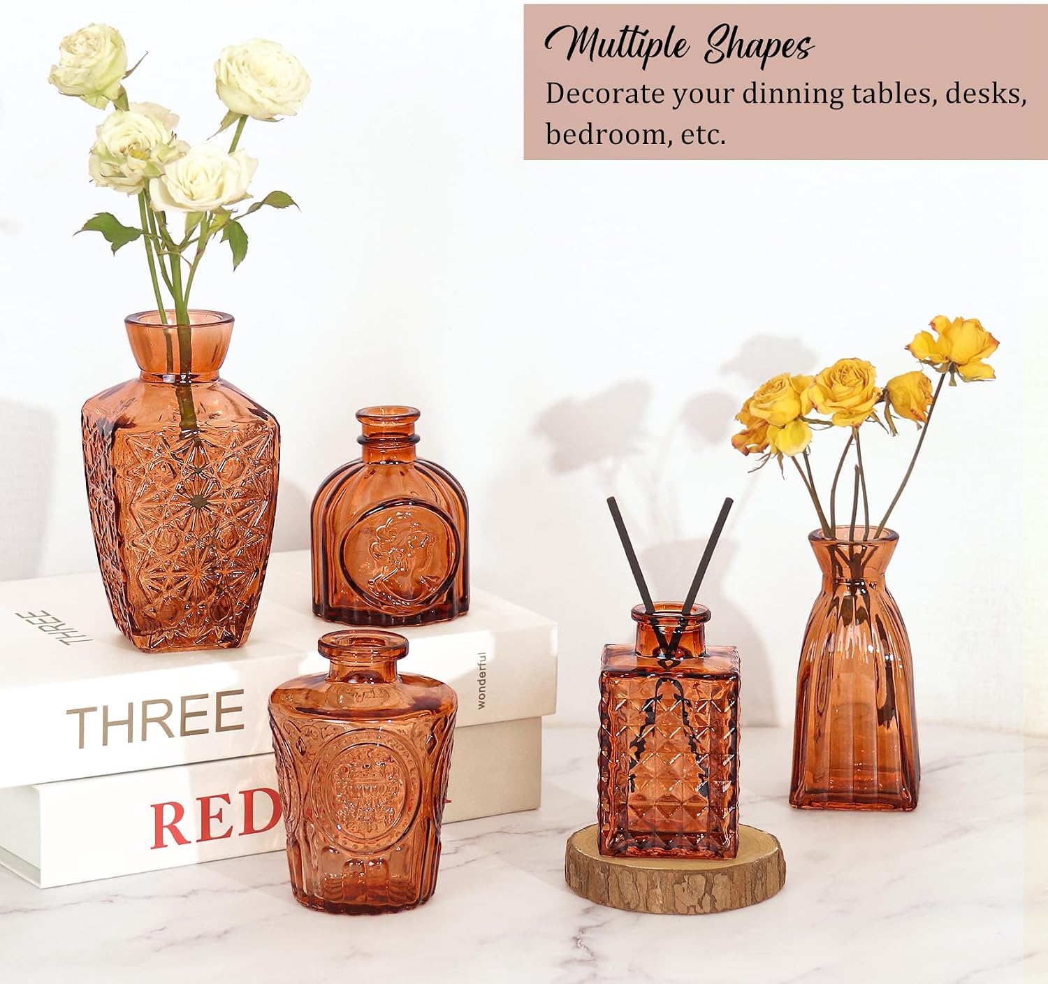Bud Vases Set Small Vintage Glass Bottles Bud Vases in Bulk Multiple Shape / Dark Amber / Set of 36