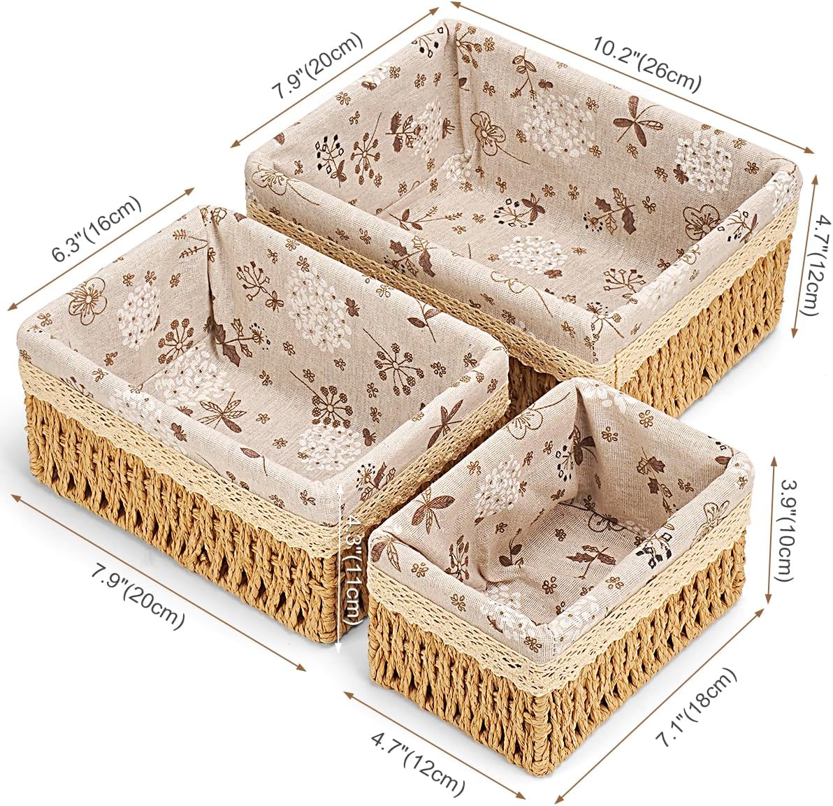 Floral Wicker Baskets / Set of 3