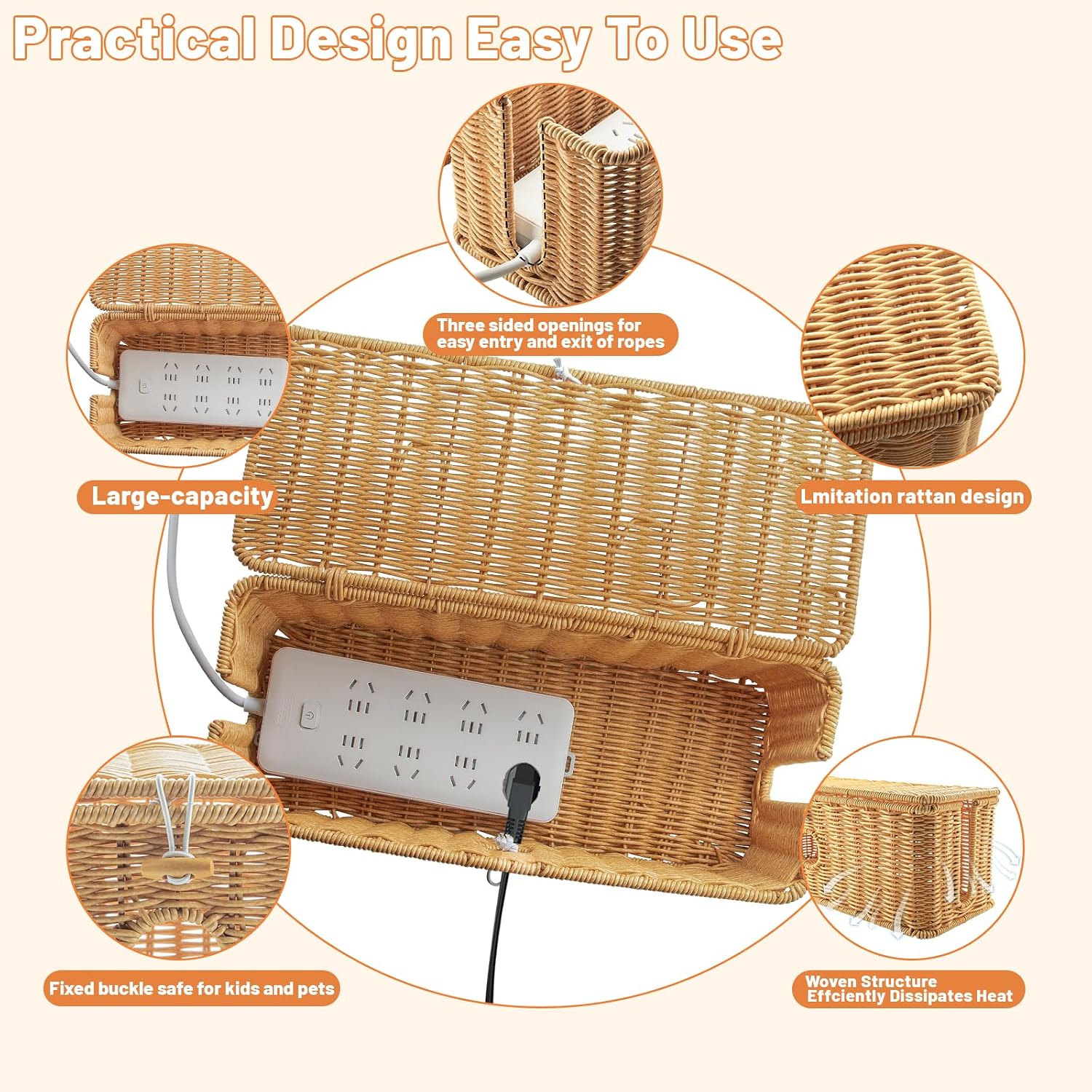 Handmade Cable Management Boxes Rattan Cable Organizer Large & Medium Cord Hider / Set of 2