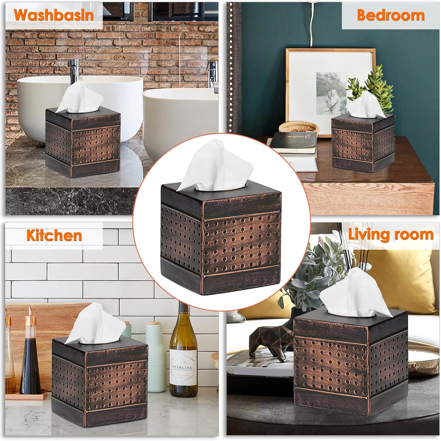 Tissue Box Cover Sturdy Galvanized Iron Square Tissue Box / Bronze