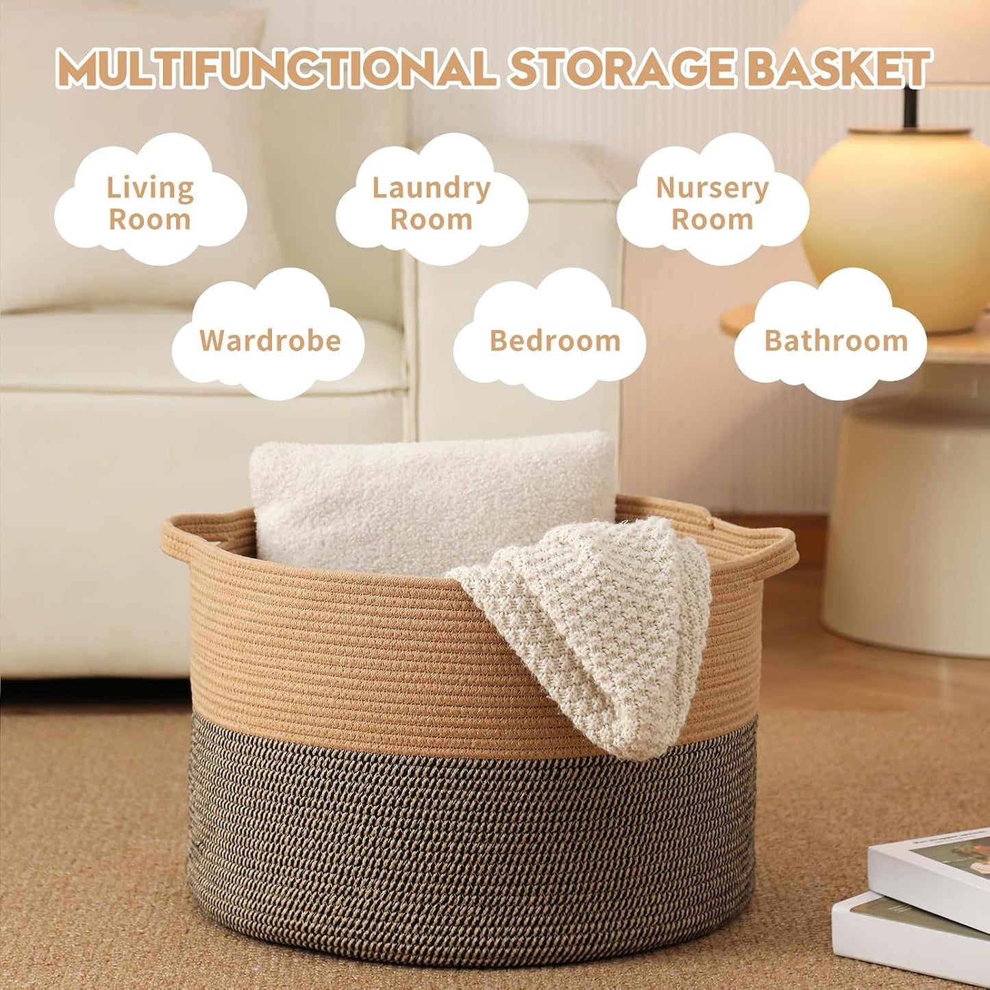 Collapsible Handle Cotton Rope Soft Woven Fabric Storage Organizer Clothes / Camel & Mix Camel / 65L