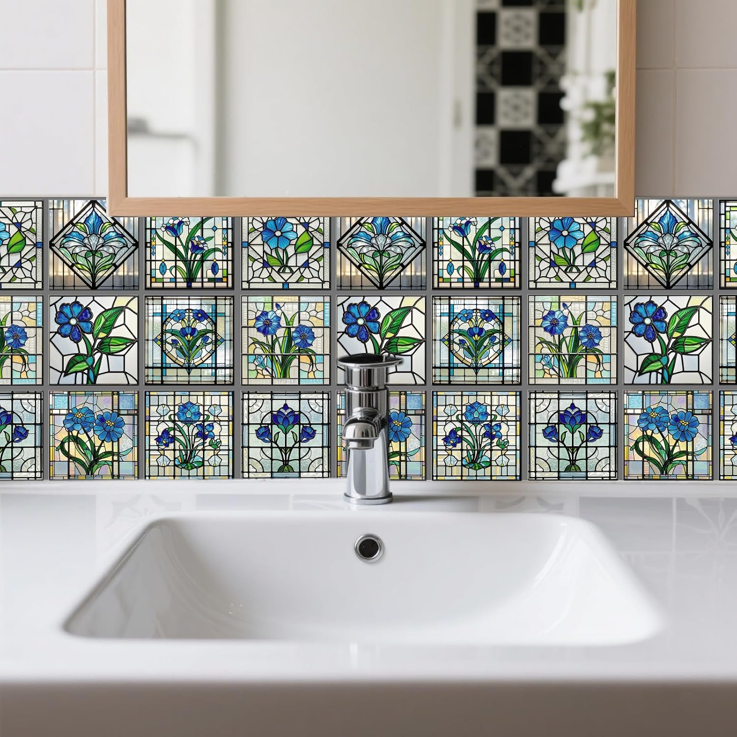 9 Style Wall Stickers Pattern Peel and Stick Wall Tile Sticker / Blue and White Flowers / Set of 36