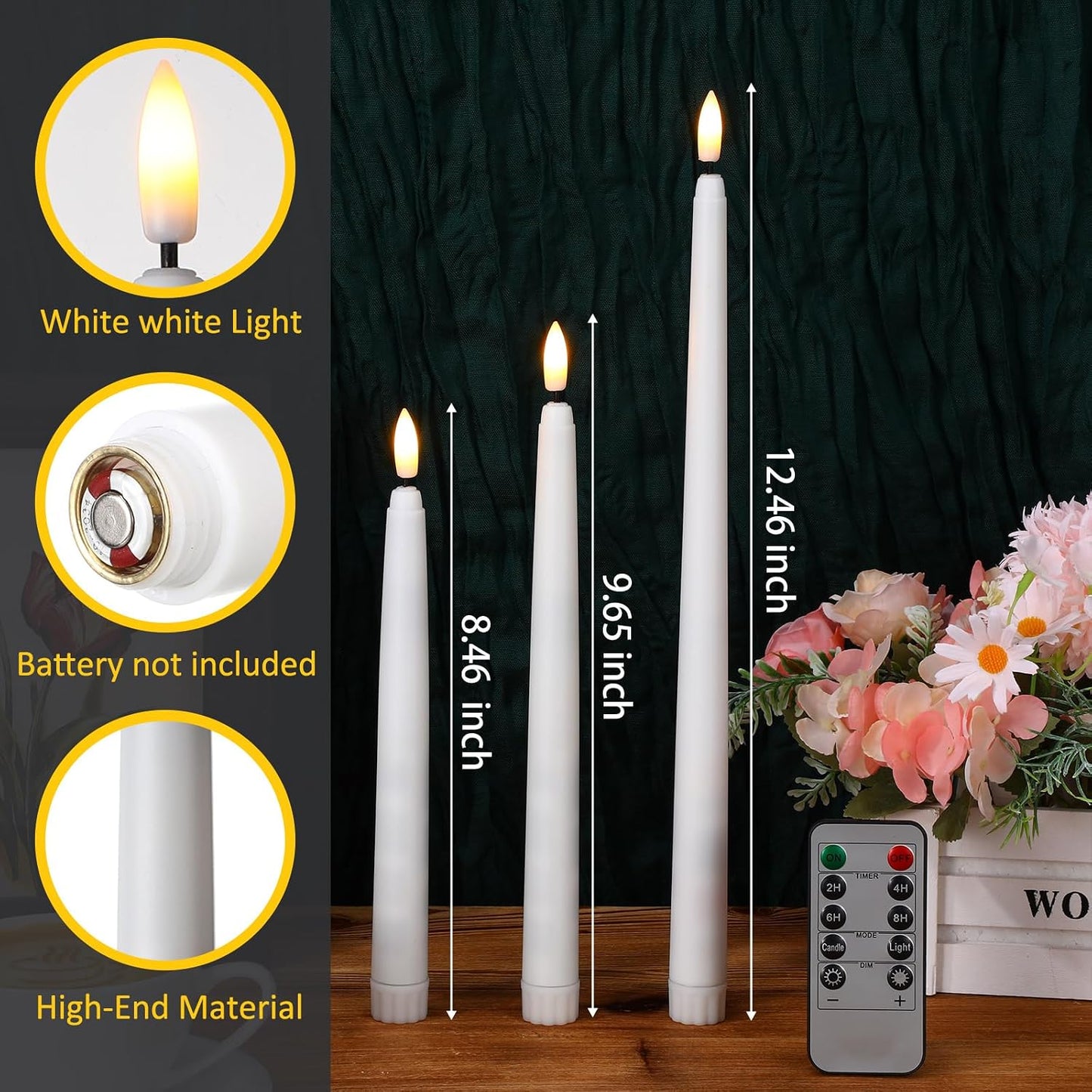 20 Pcs Flickering Flameless Taper Candles Bulk LED Battery Operated Realistic Flame Effect with Remote & Timer Safe No